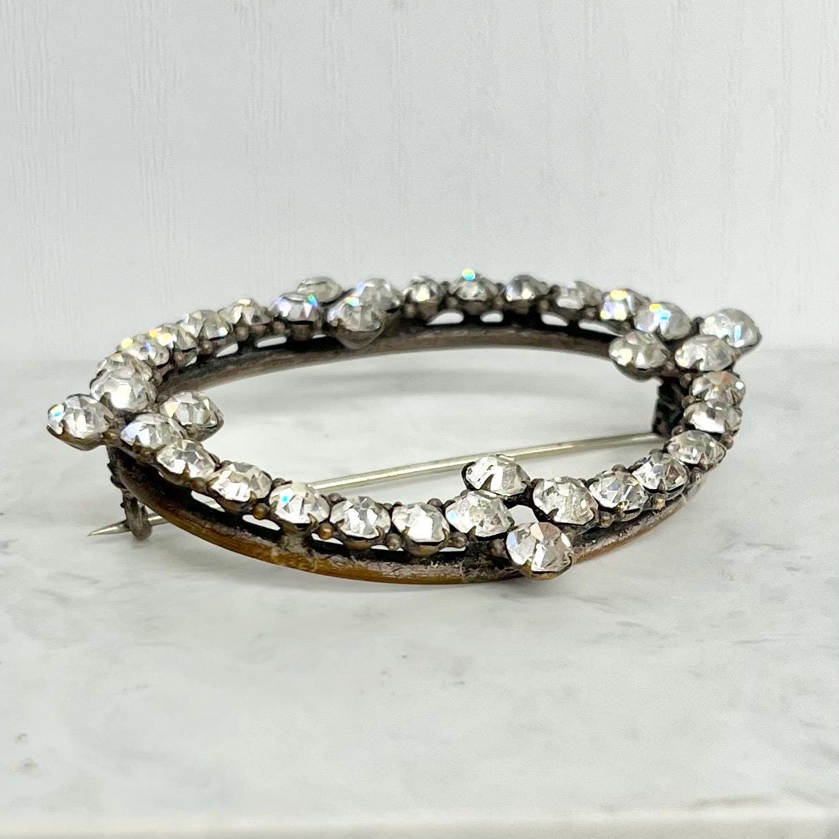 Large Clear Crystal Oval Brooch in a Brass / Silver Tone Setting : Vintage Sparkly Paste Jewellery MillyOliverVintage