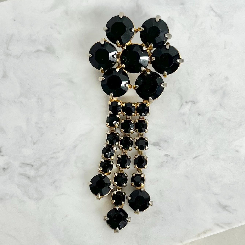 Black Austrian Crystal Flower Drop Brooch : Gold Plate with Three Long Tassles Statement Piece MillyOliverVintage