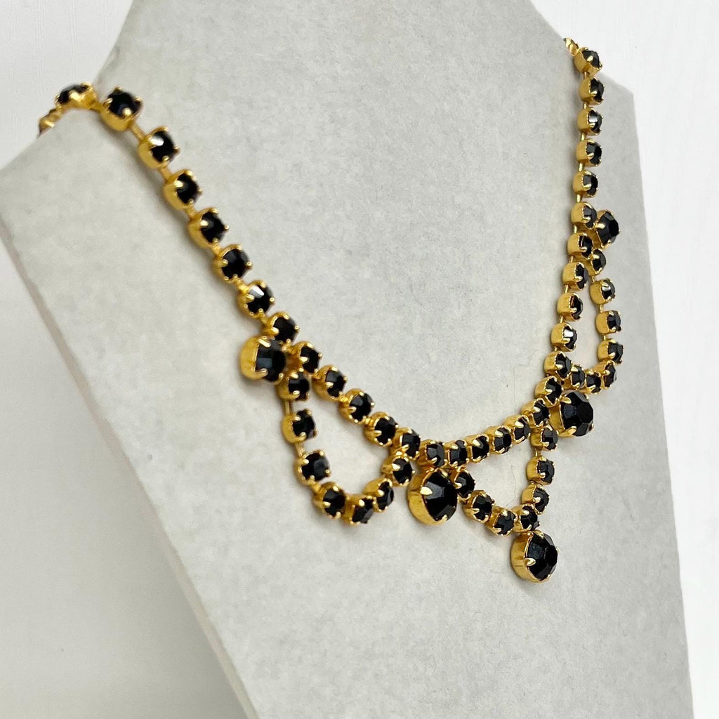 Vintage Gold Tone and Black Crystal Diamante Paste Necklace : Perfect for Brides Prom or Party Wear MillyOliverVintage