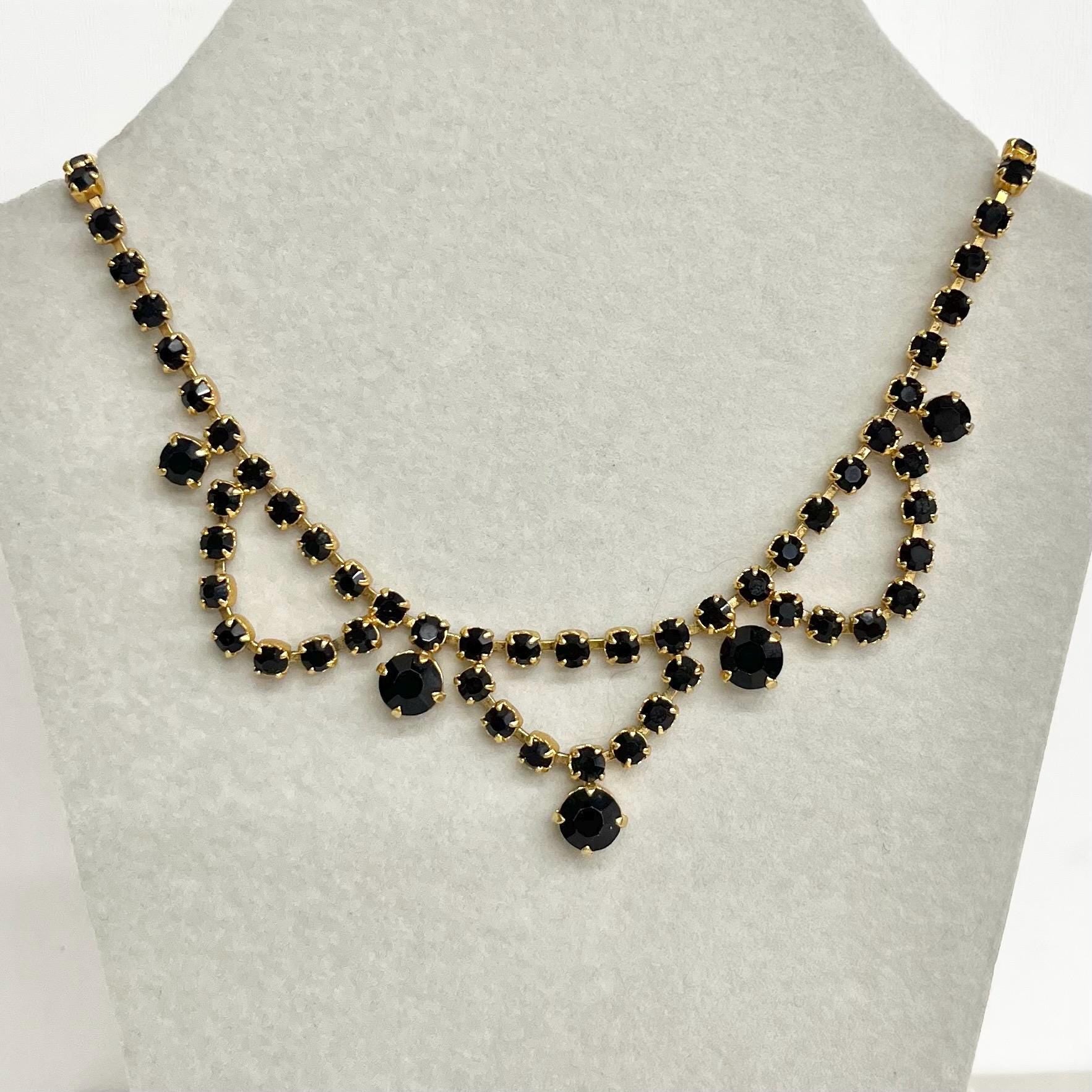 Vintage Gold Tone and Black Crystal Diamante Paste Necklace : Perfect for Brides Prom or Party Wear MillyOliverVintage