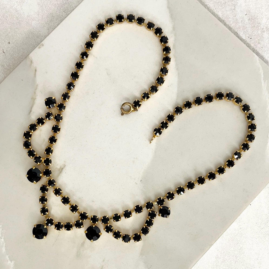 Vintage Gold Tone and Black Crystal Diamante Paste Necklace : Perfect for Brides Prom or Party Wear MillyOliverVintage
