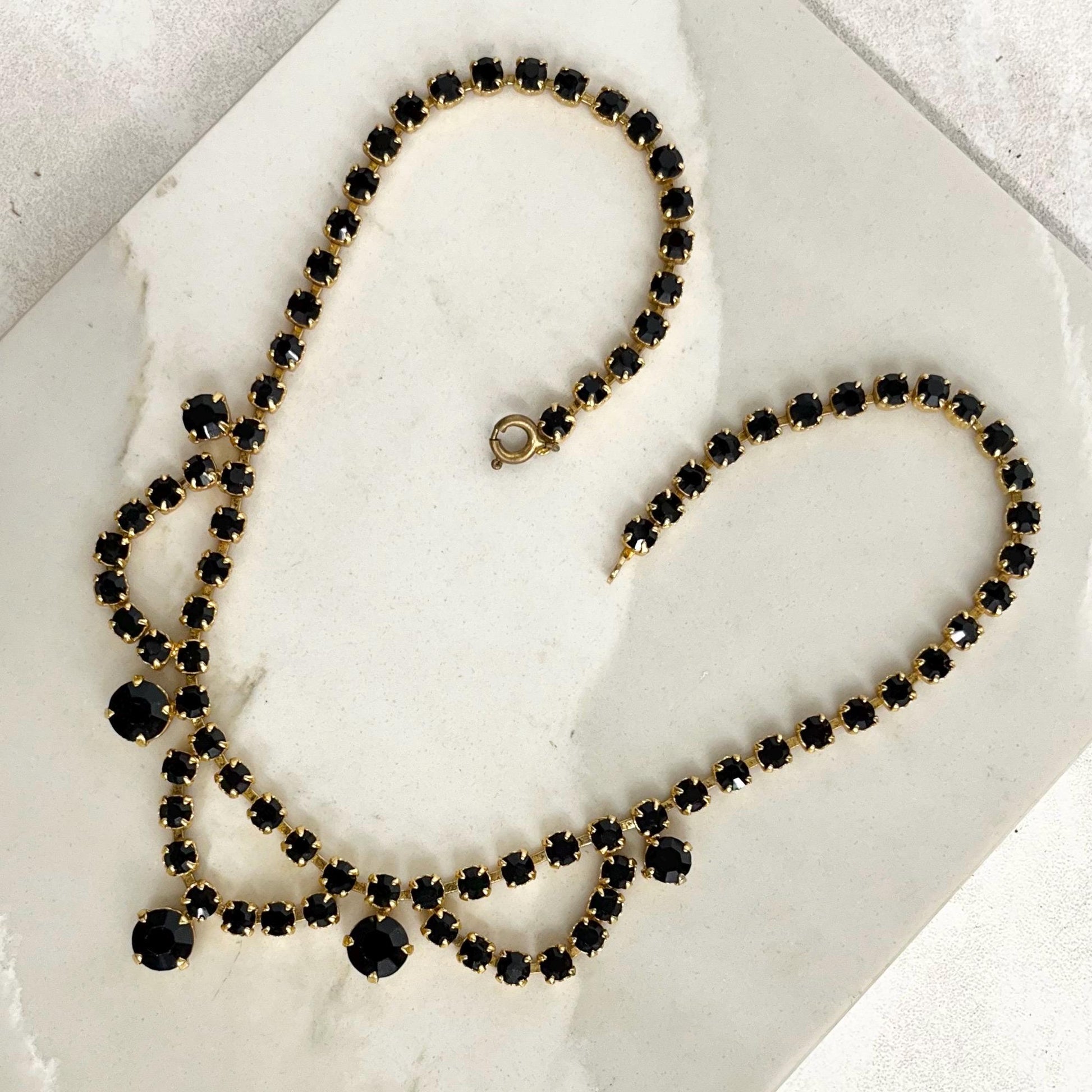 Vintage Gold Tone and Black Crystal Diamante Paste Necklace : Perfect for Brides Prom or Party Wear MillyOliverVintage