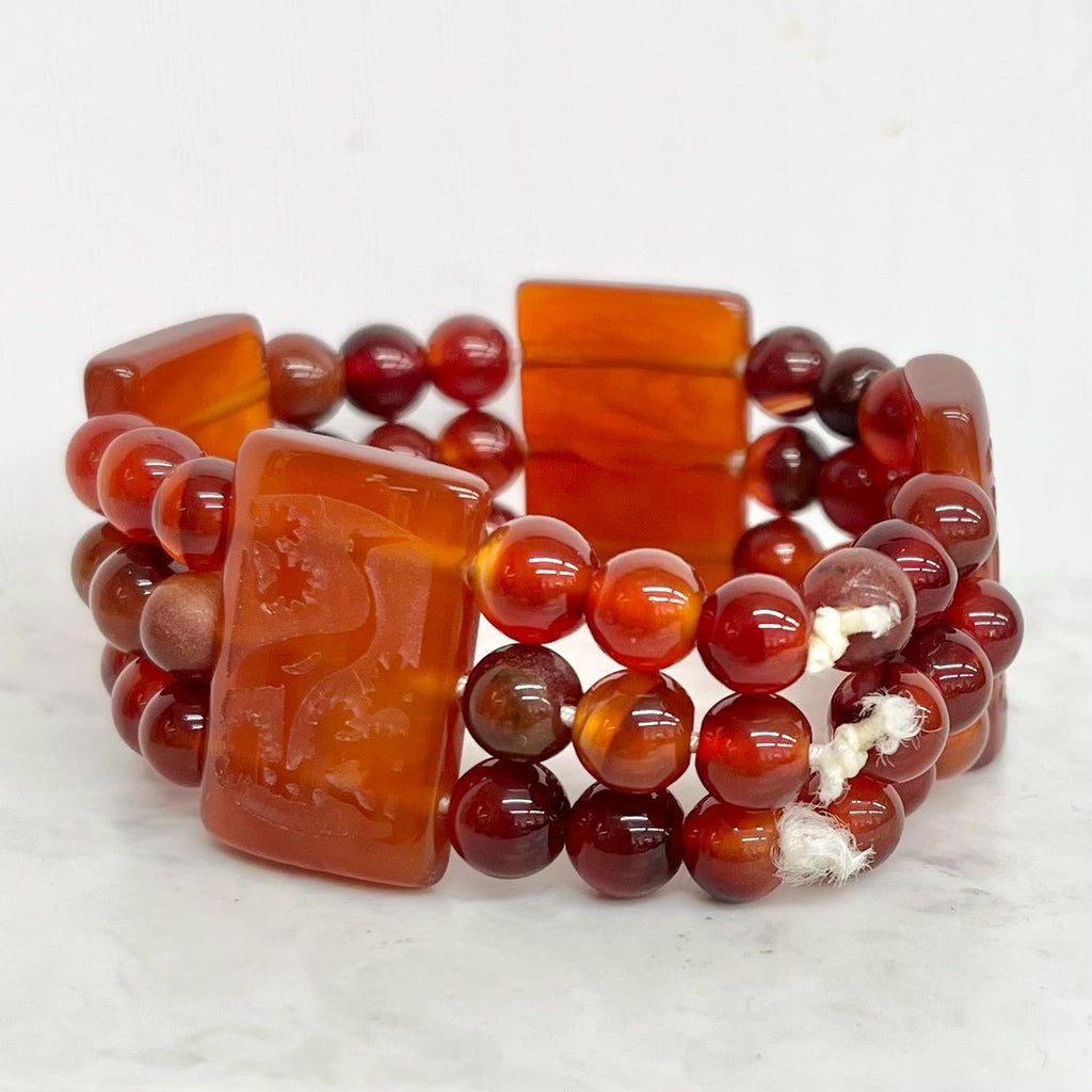 Vintage Orange Carnelian Stone Bracelet Semi Precious Three Strand Stretch Bracelet with Carvec Heron Details MillyOliverVintage