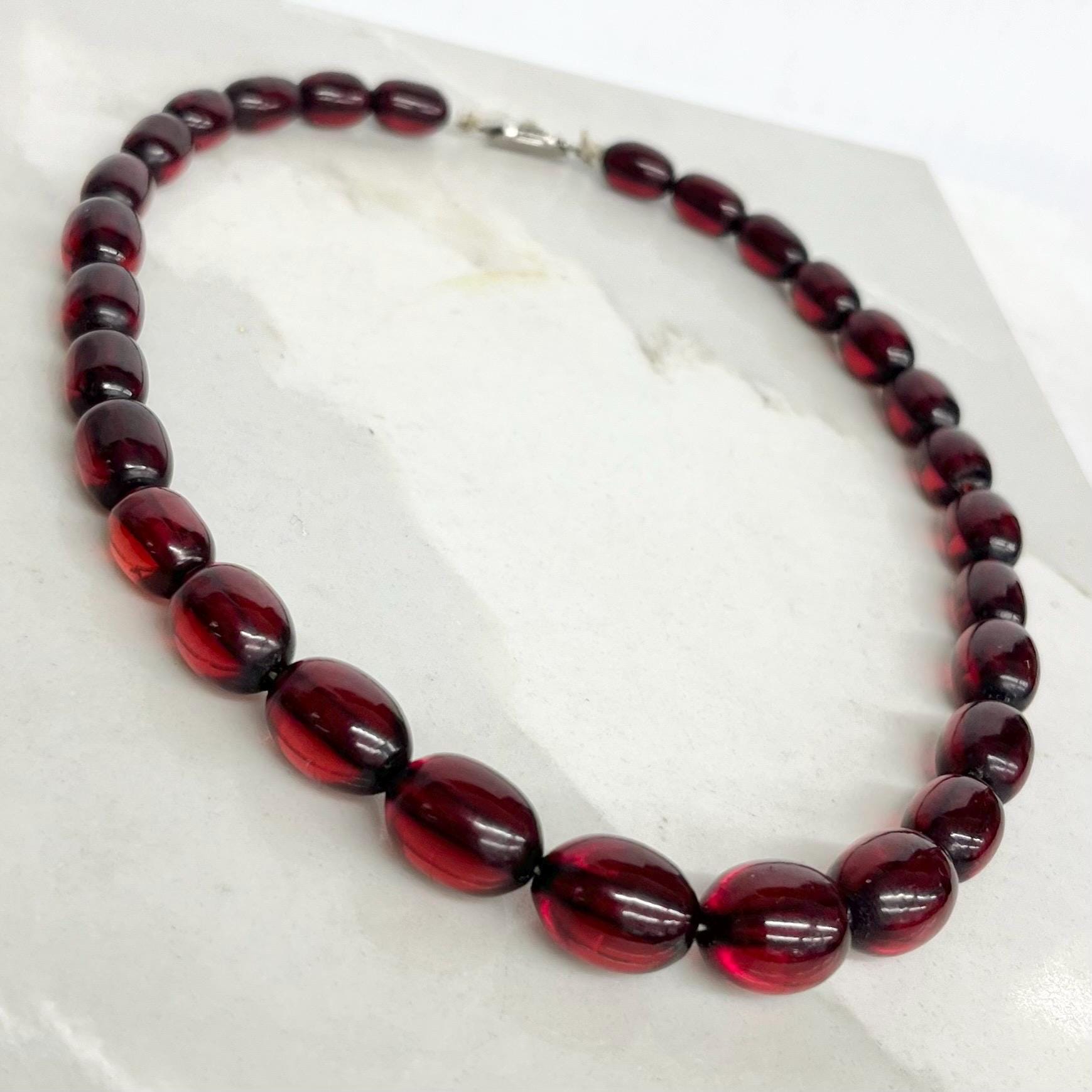 Vintage Early Plastic / Cherry Amber Bakelite ? Necklace Largest Bead 12x10mm MillyOliverVintage