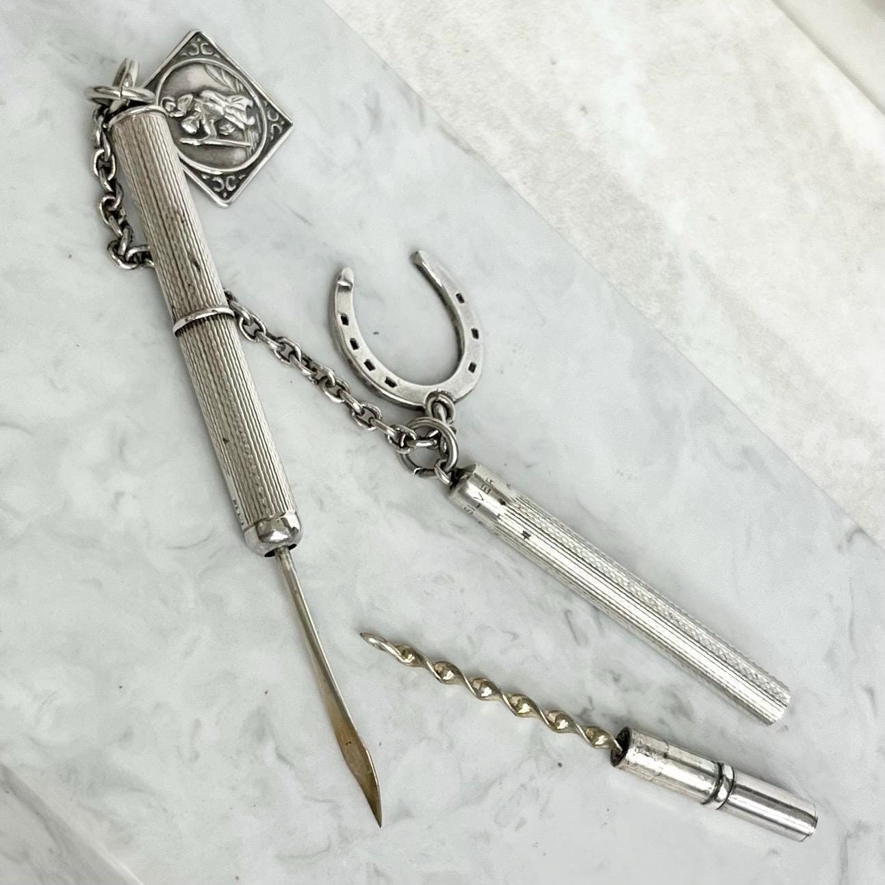 Sterling Silver Chatelaine Attachment Retractable Cigar Piercers Birmingham 1954-1956 with Horse Shoe St Christopher Charm Fully Hallmarked MillyOliverVintage