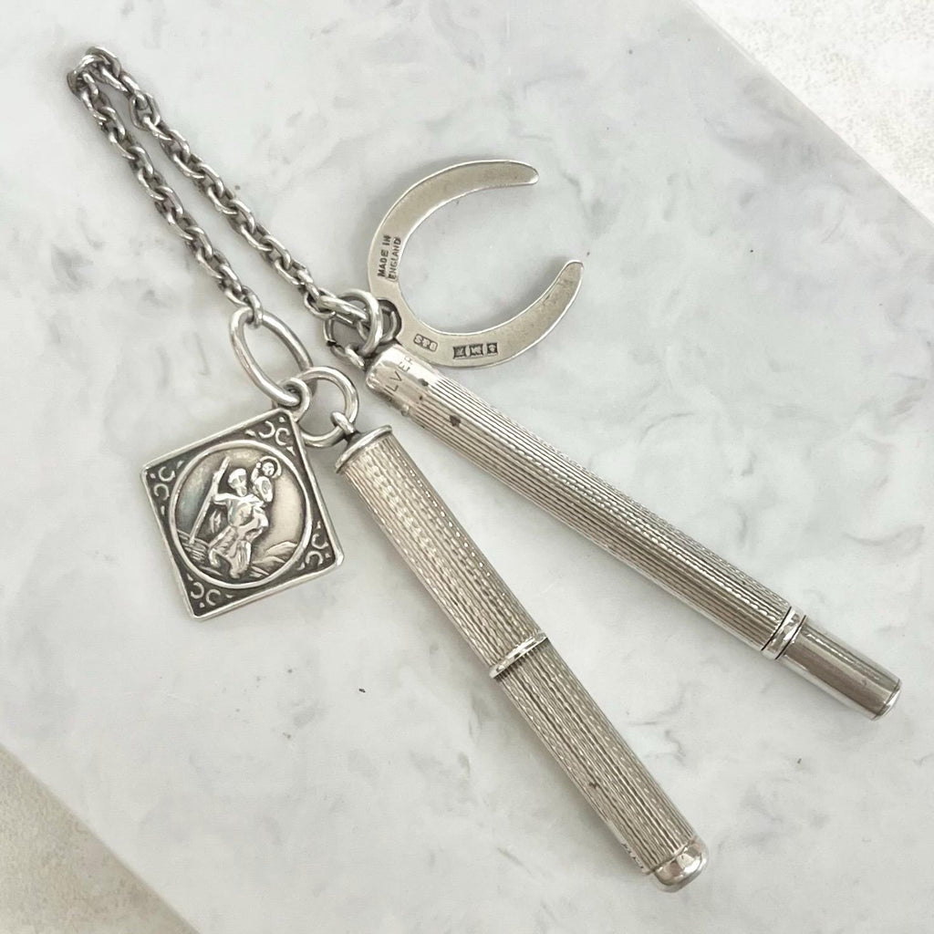 Sterling Silver Chatelaine Attachment Retractable Cigar Piercers Birmingham 1954-1956 with Horse Shoe St Christopher Charm Fully Hallmarked MillyOliverVintage