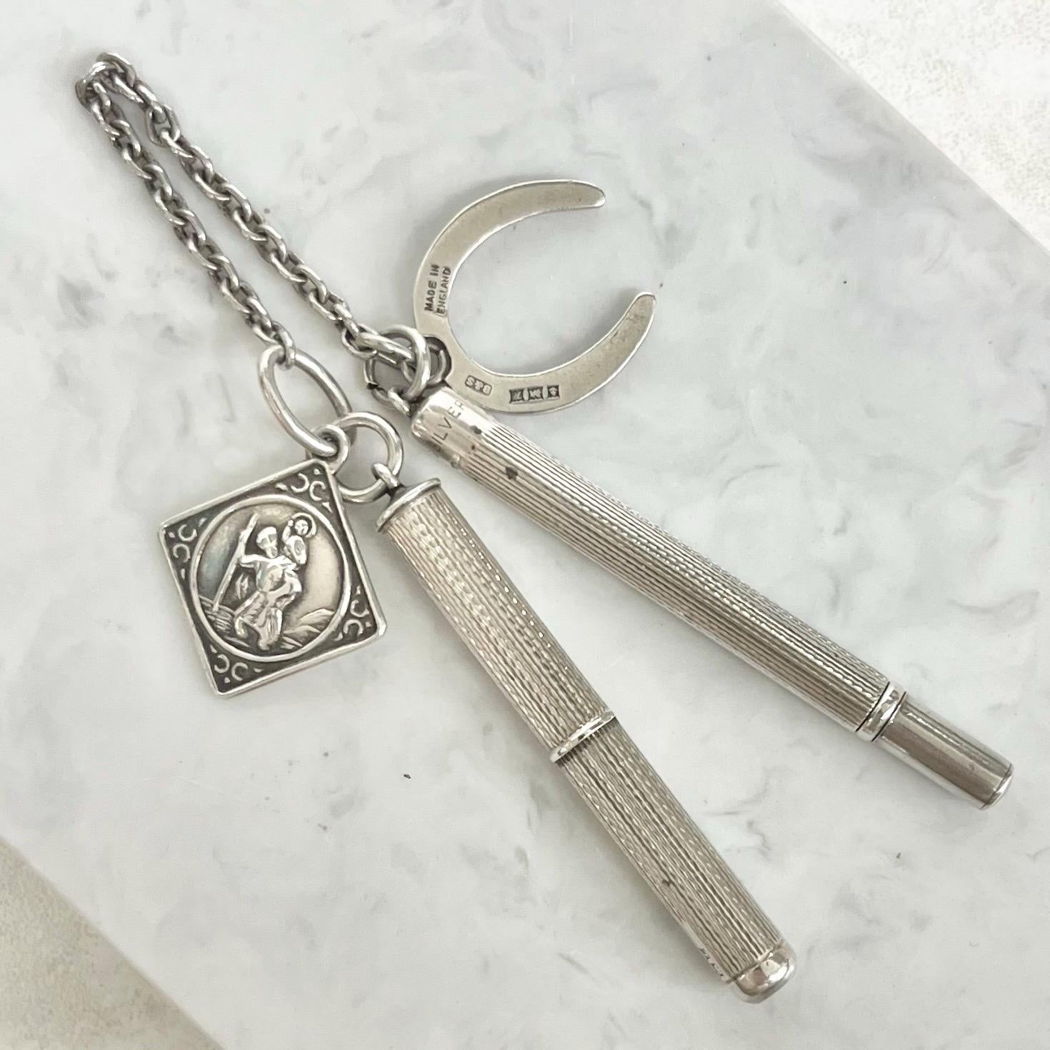 Sterling Silver Chatelaine Attachment Retractable Cigar Piercers Birmingham 1954-1956 with Horse Shoe St Christopher Charm Fully Hallmarked MillyOliverVintage