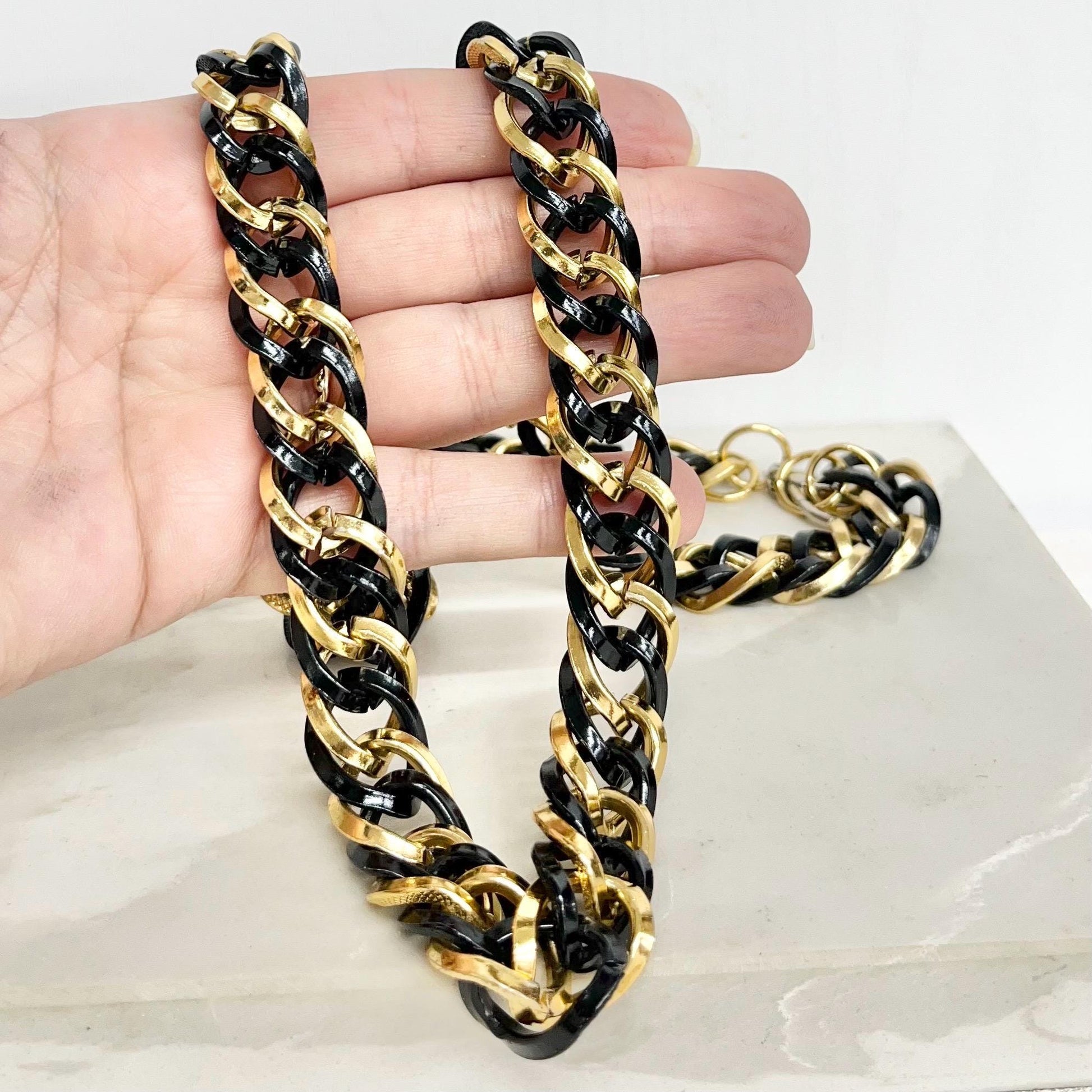 Vintage Chunky 22K Gold Plated Black & Gold Chain Necklace 1970’s - 1980’s Statement Power Chain MillyOliverVintage