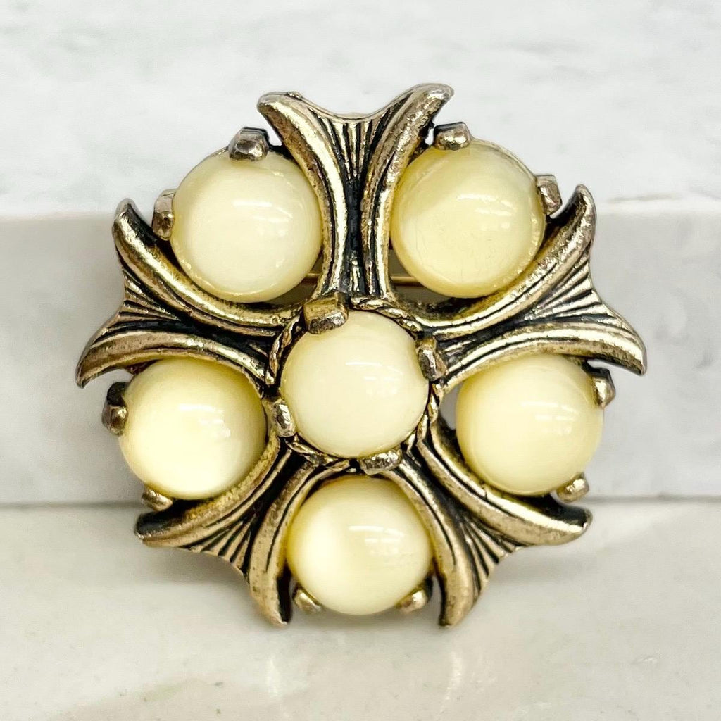 Yellow Miracle Brooch / Pendant Gold Tone with Uranium Glass Cabochon Stones : Vintage UV Reactive Jewellery MillyOliverVintage
