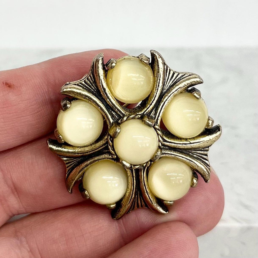 Yellow Miracle Brooch / Pendant Gold Tone with Uranium Glass Cabochon Stones : Vintage UV Reactive Jewellery MillyOliverVintage