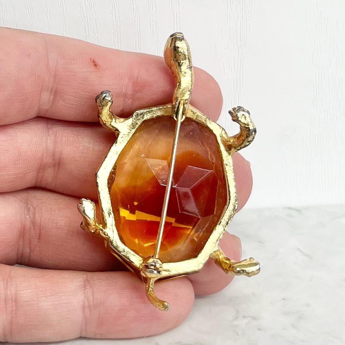 Vintage Gold Plated Turtle / Tortoise Brooch with a Large Faceted Topaz Coloured Glass Stone MillyOliverVintage