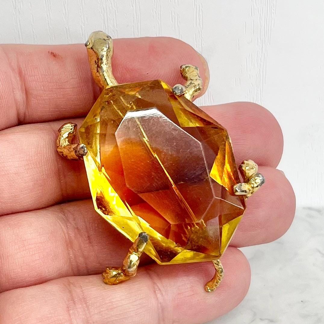 Vintage Gold Plated Turtle / Tortoise Brooch with a Large Faceted Topaz Coloured Glass Stone MillyOliverVintage