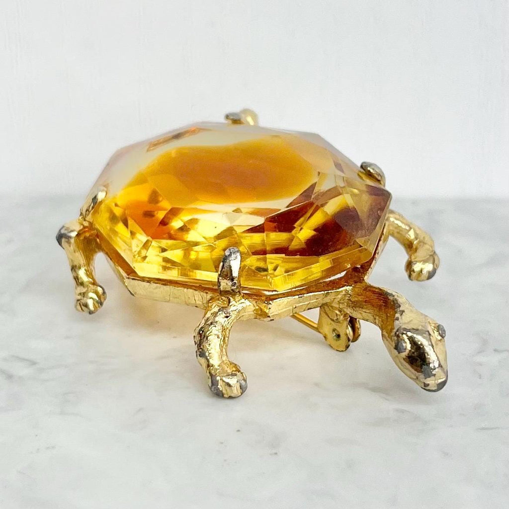 Vintage Gold Plated Turtle / Tortoise Brooch with a Large Faceted Topaz Coloured Glass Stone MillyOliverVintage