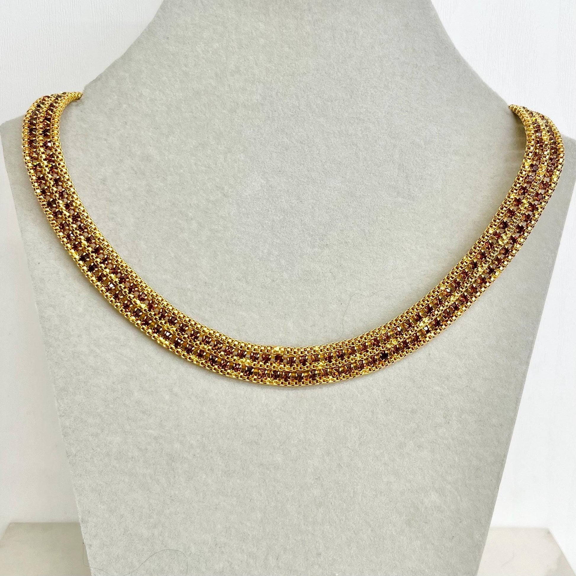 Vintage Gold Plated Brown Diamante Crystal Mesh Chain Collar Necklace 1980’s - 1990’s MillyOliverVintage