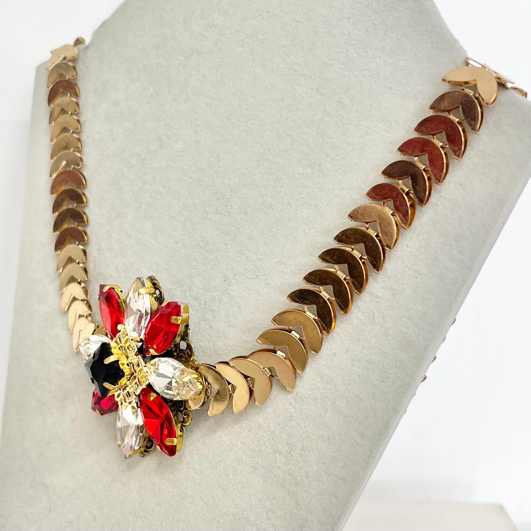 Elizabeth Woodville Replica Necklace : Elizabethan Style in a Gold Tond Metal with Red Clear and Black Crystal Stones MillyOliverVintage