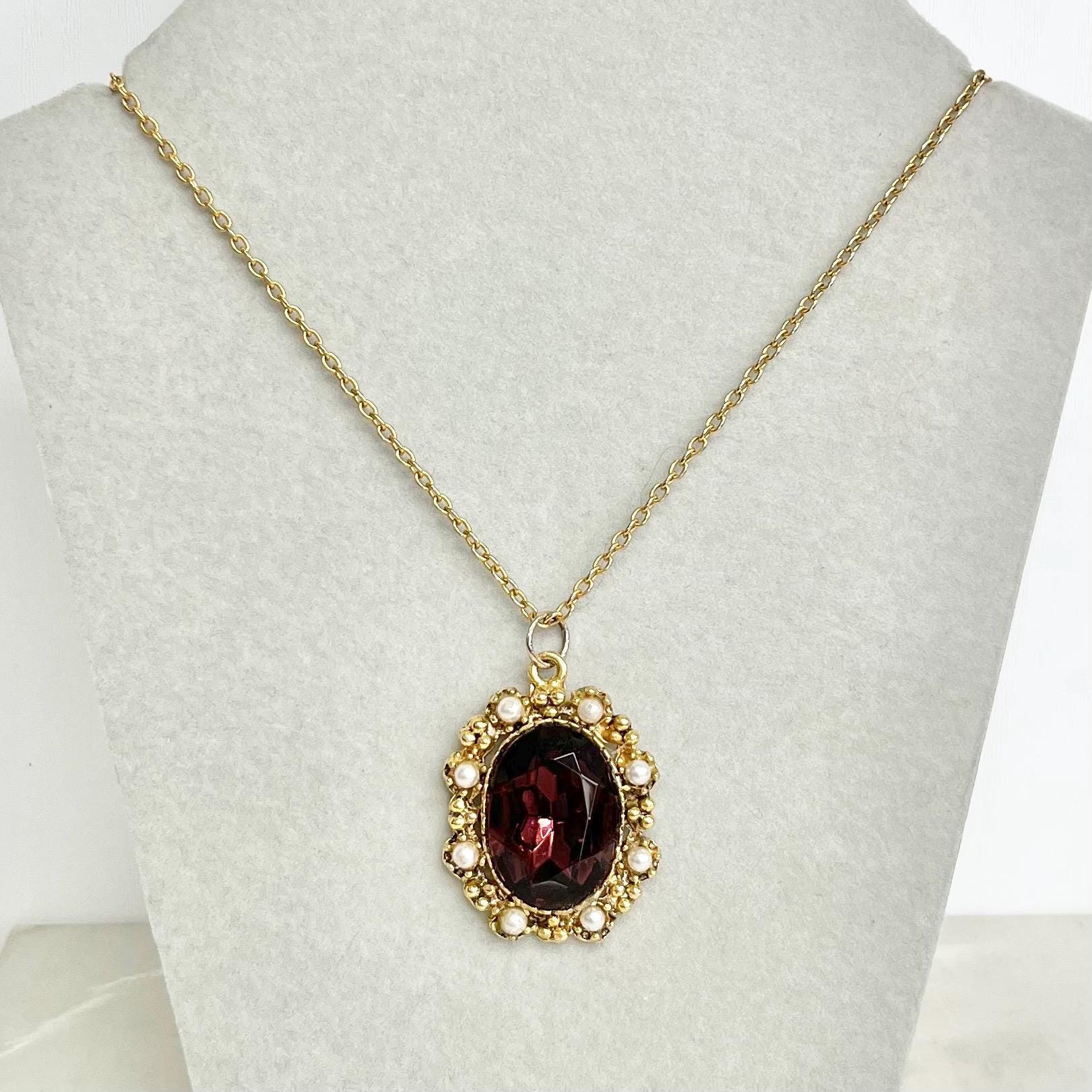Vintage 1960‘s Gold Tone Large Amethyst Glass Pendant Necklace with Pearl Accents and a 27” Chain MillyOliverVintage