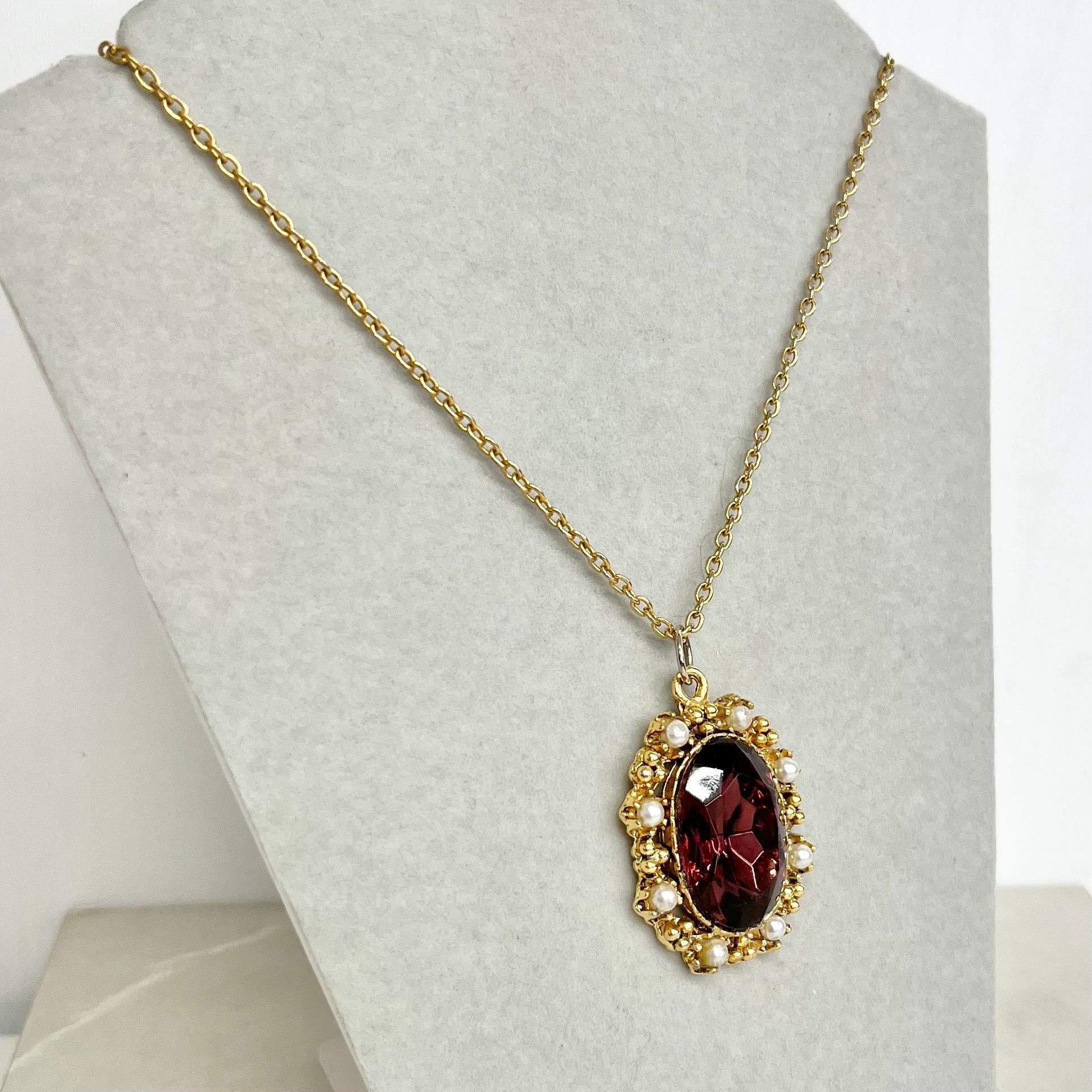 Vintage 1960‘s Gold Tone Large Amethyst Glass Pendant Necklace with Pearl Accents and a 27” Chain MillyOliverVintage