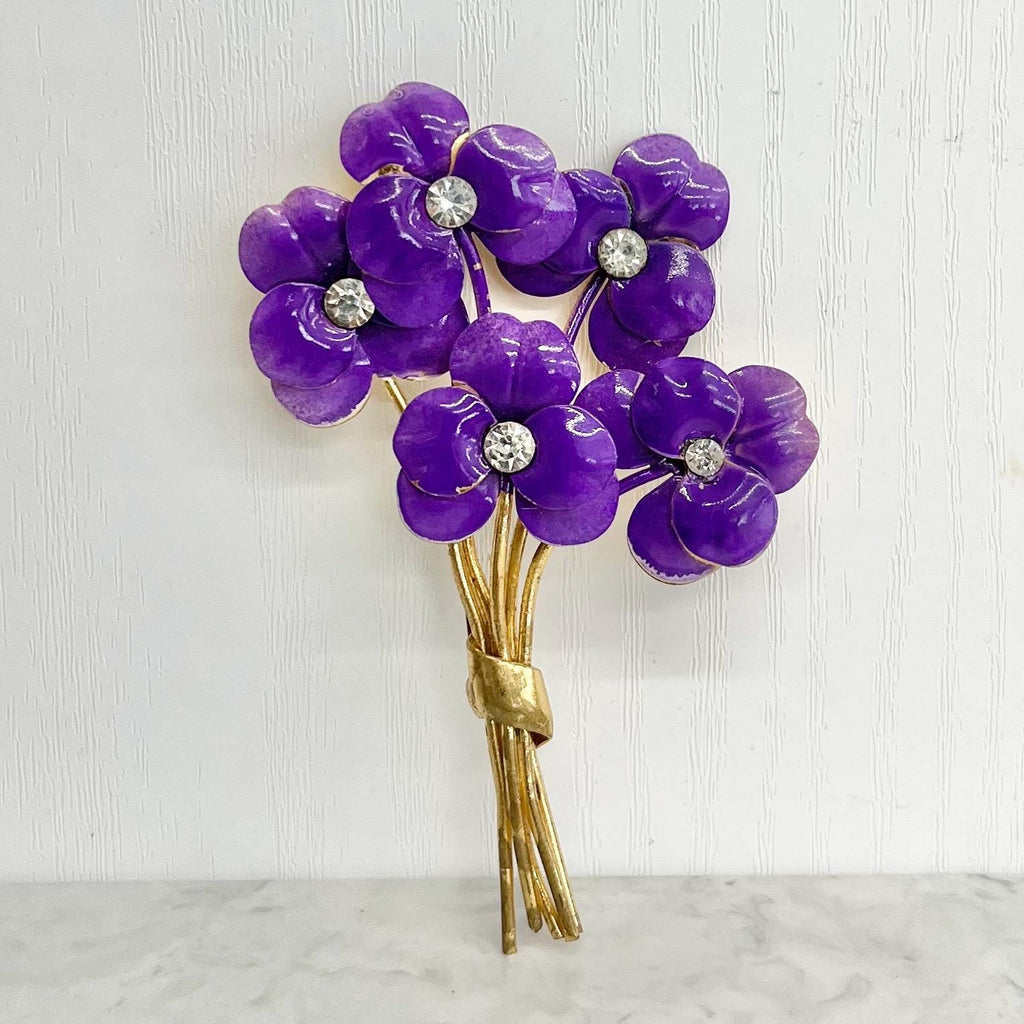 Large Gold Tone Purple Pansy Brooch : Vintage with Enamel and Crystal Accents MillyOliverVintage