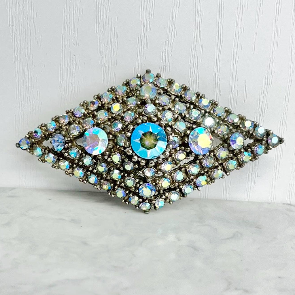 Sphinx Aquamarine Blue Austrian Crystal Brooch in a Silver Tone Setting : Vintage Diamond Shape with Sparkling Rhinestones MillyOliverVintage