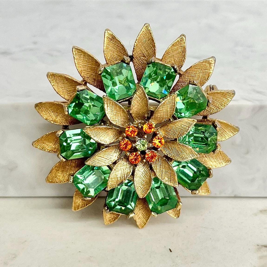 Green Uranium Crystal Sunflower Brooch : Vintage UV Reactive Gold Tone Jewellery Signed Hollywood MillyOliverVintage