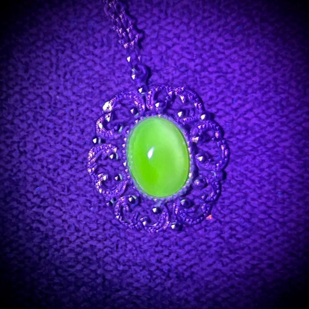 Yellow Uranium Czech Glass Pendant on a 24” Chain with a Uranium Glass Cabochon UV Reactive Glow MillyOliverVintage