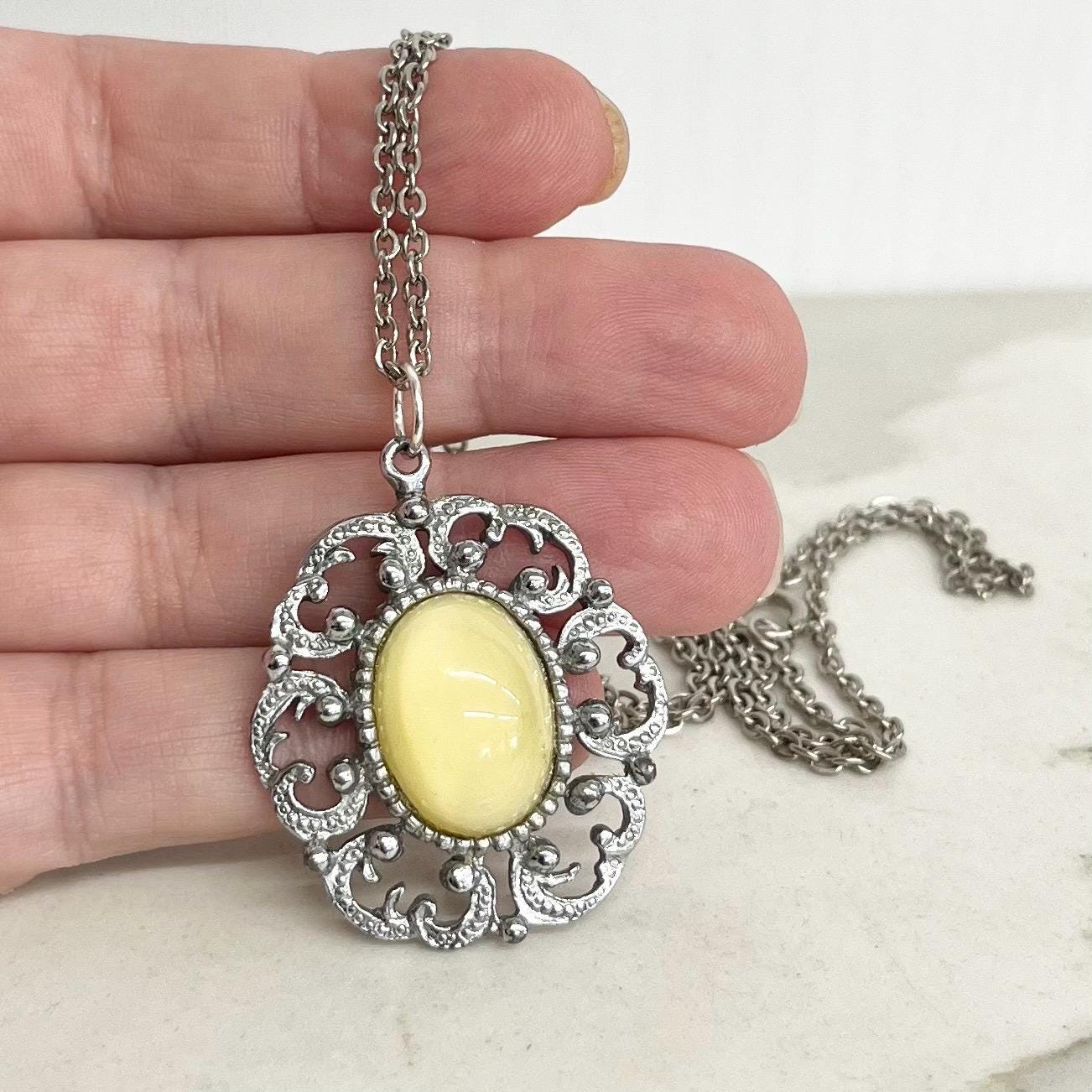 Yellow Uranium Czech Glass Pendant on a 24” Chain with a Uranium Glass Cabochon UV Reactive Glow MillyOliverVintage
