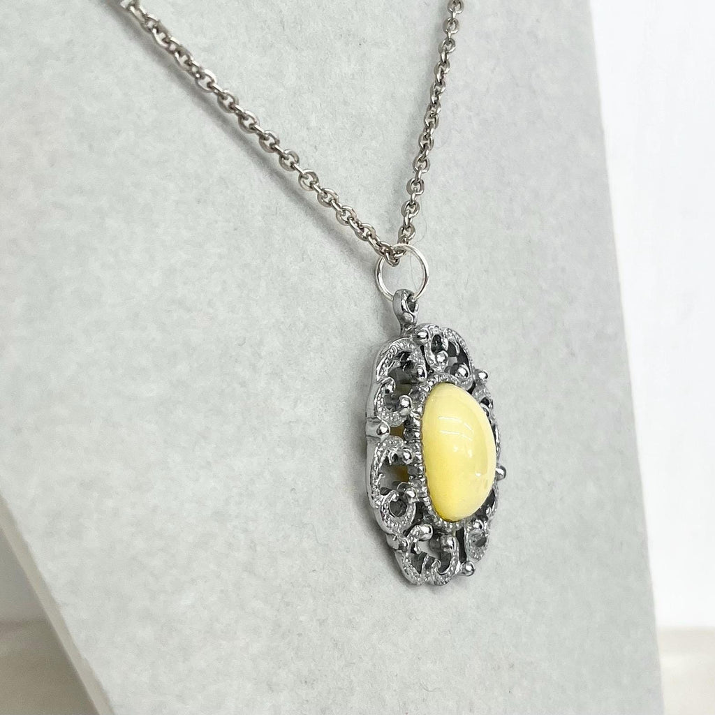 Yellow Uranium Czech Glass Pendant on a 24” Chain with a Uranium Glass Cabochon UV Reactive Glow MillyOliverVintage