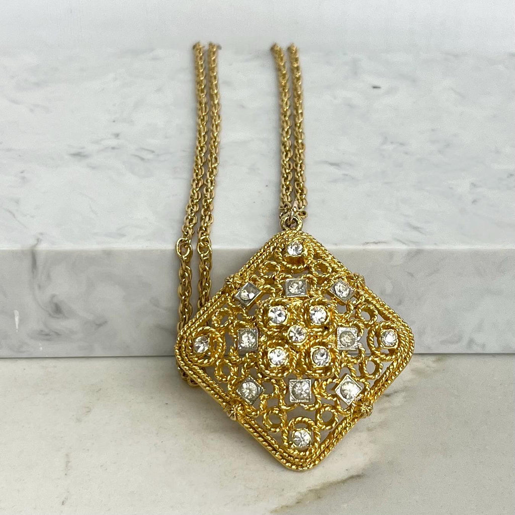 Rhinestone Pendant Necklace : Vintage Gold Tone with Diamante Accents and a 24” Chain MillyOliverVintage