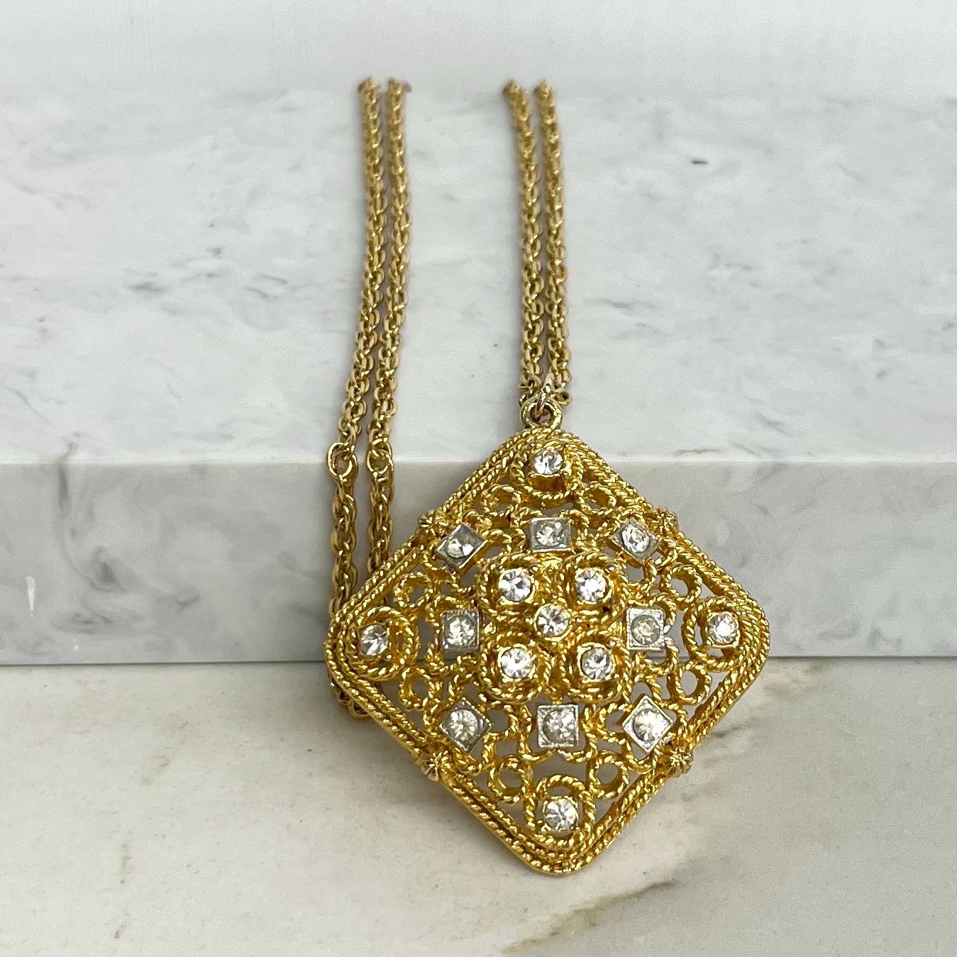 Rhinestone Pendant Necklace : Vintage Gold Tone with Diamante Accents and a 24” Chain MillyOliverVintage