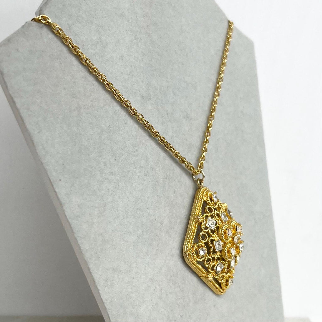 Rhinestone Pendant Necklace : Vintage Gold Tone with Diamante Accents and a 24” Chain MillyOliverVintage