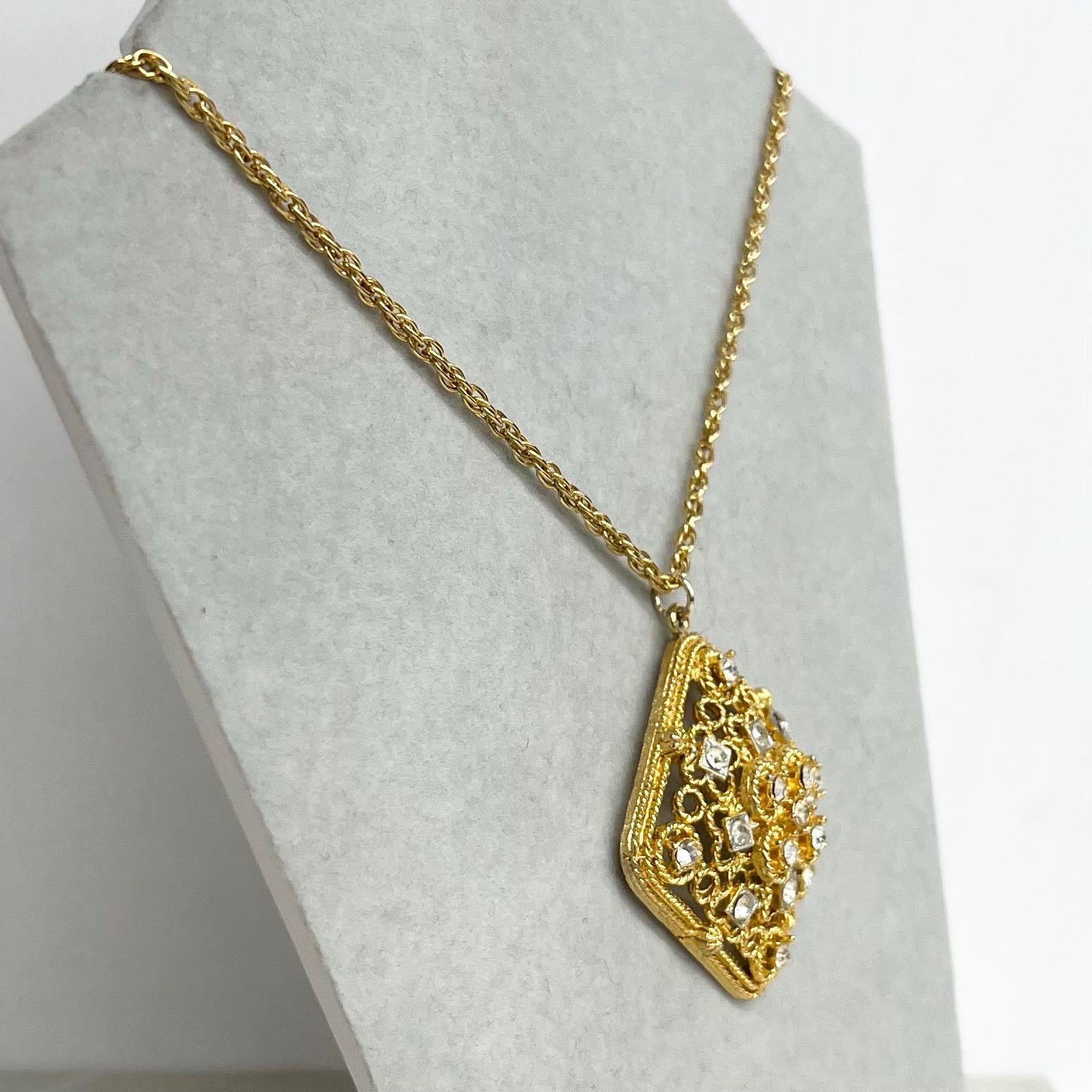 Rhinestone Pendant Necklace : Vintage Gold Tone with Diamante Accents and a 24” Chain MillyOliverVintage