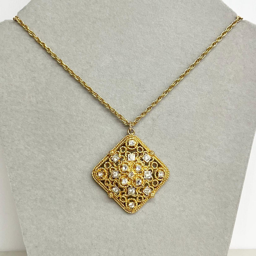 Rhinestone Pendant Necklace : Vintage Gold Tone with Diamante Accents and a 24” Chain MillyOliverVintage