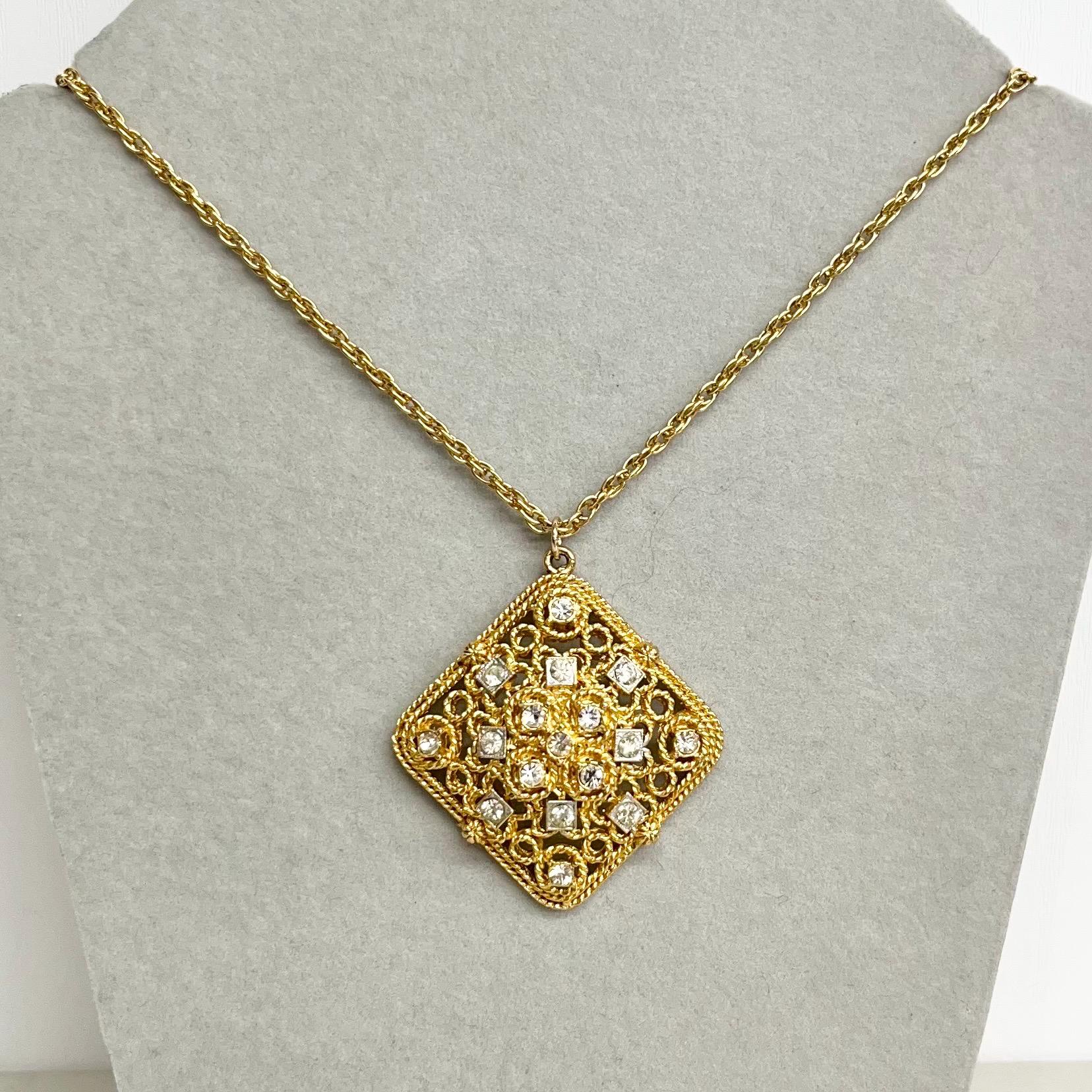 Rhinestone Pendant Necklace : Vintage Gold Tone with Diamante Accents and a 24” Chain MillyOliverVintage