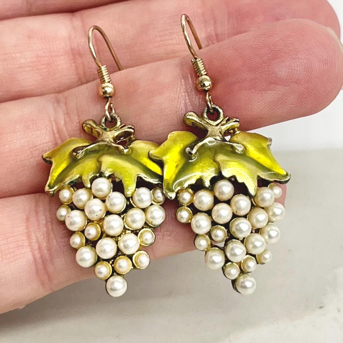 Vintage Grape Bunch Earrings: Green Enamel with Faux Pearls MillyOliverVintage
