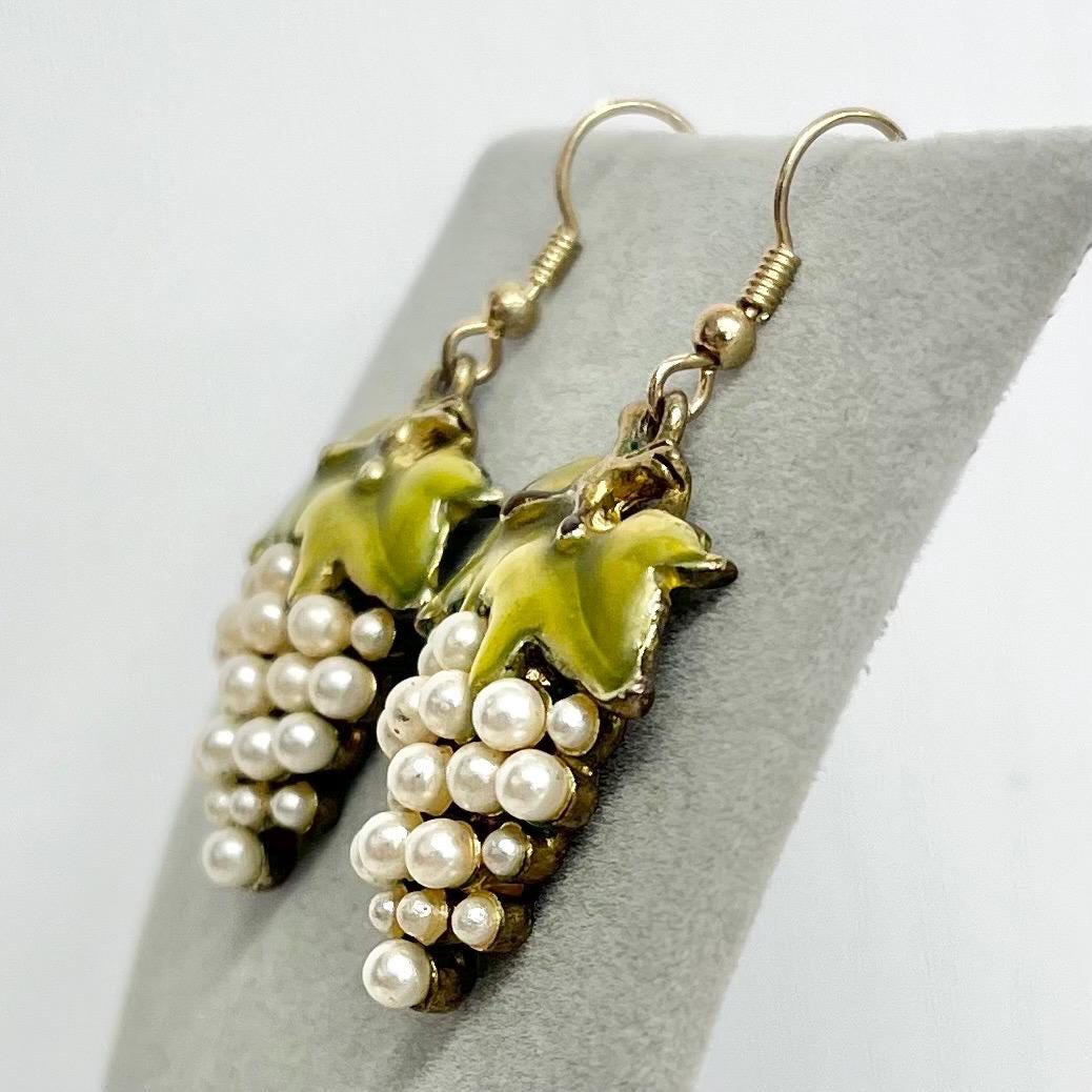 Vintage Grape Bunch Earrings: Green Enamel with Faux Pearls MillyOliverVintage