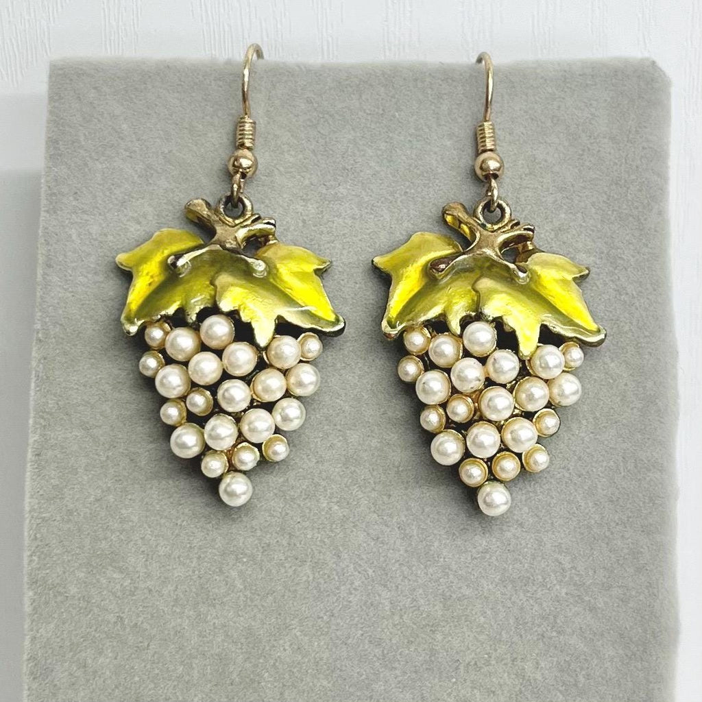 Vintage Grape Bunch Earrings: Green Enamel with Faux Pearls MillyOliverVintage