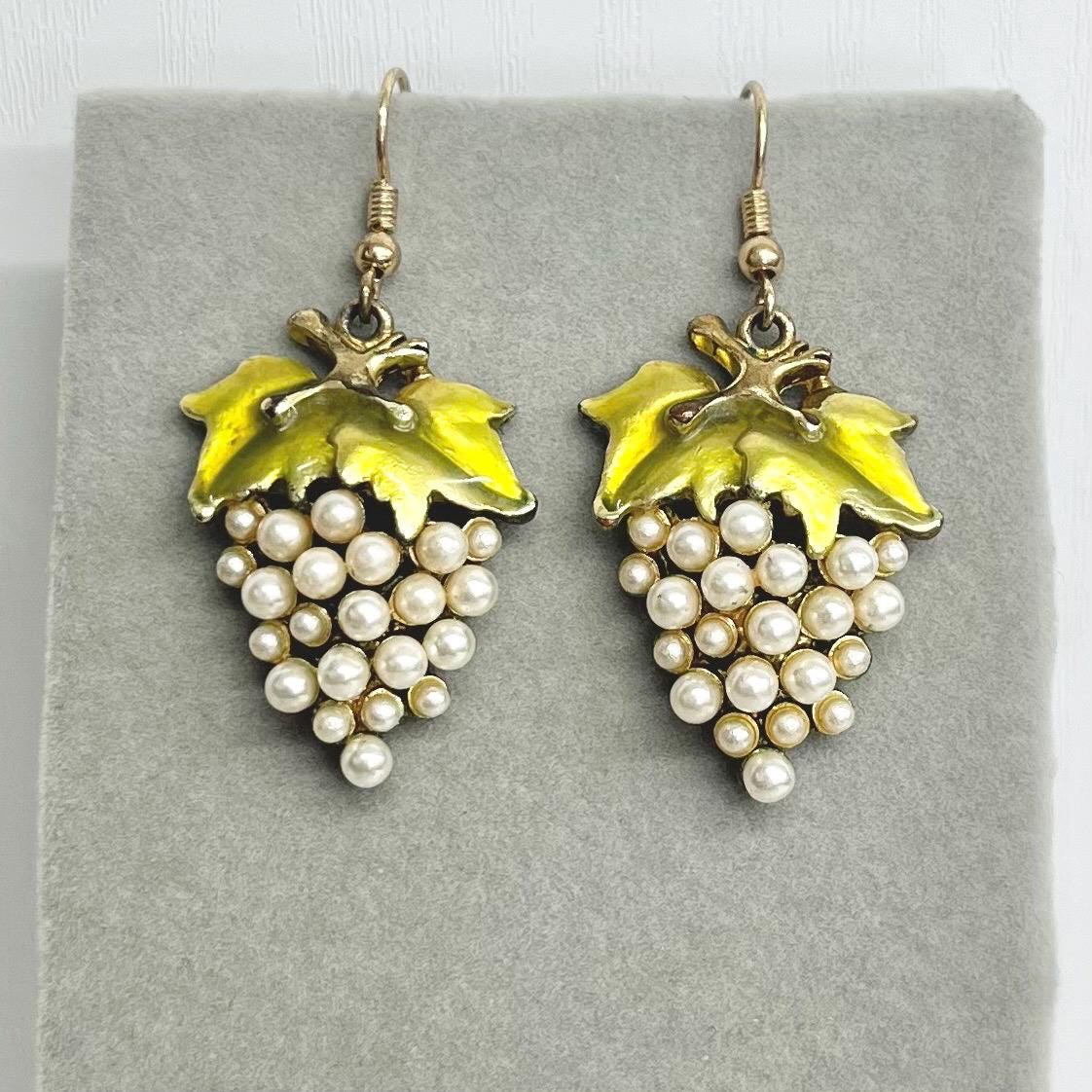 Vintage Grape Bunch Earrings: Green Enamel with Faux Pearls MillyOliverVintage