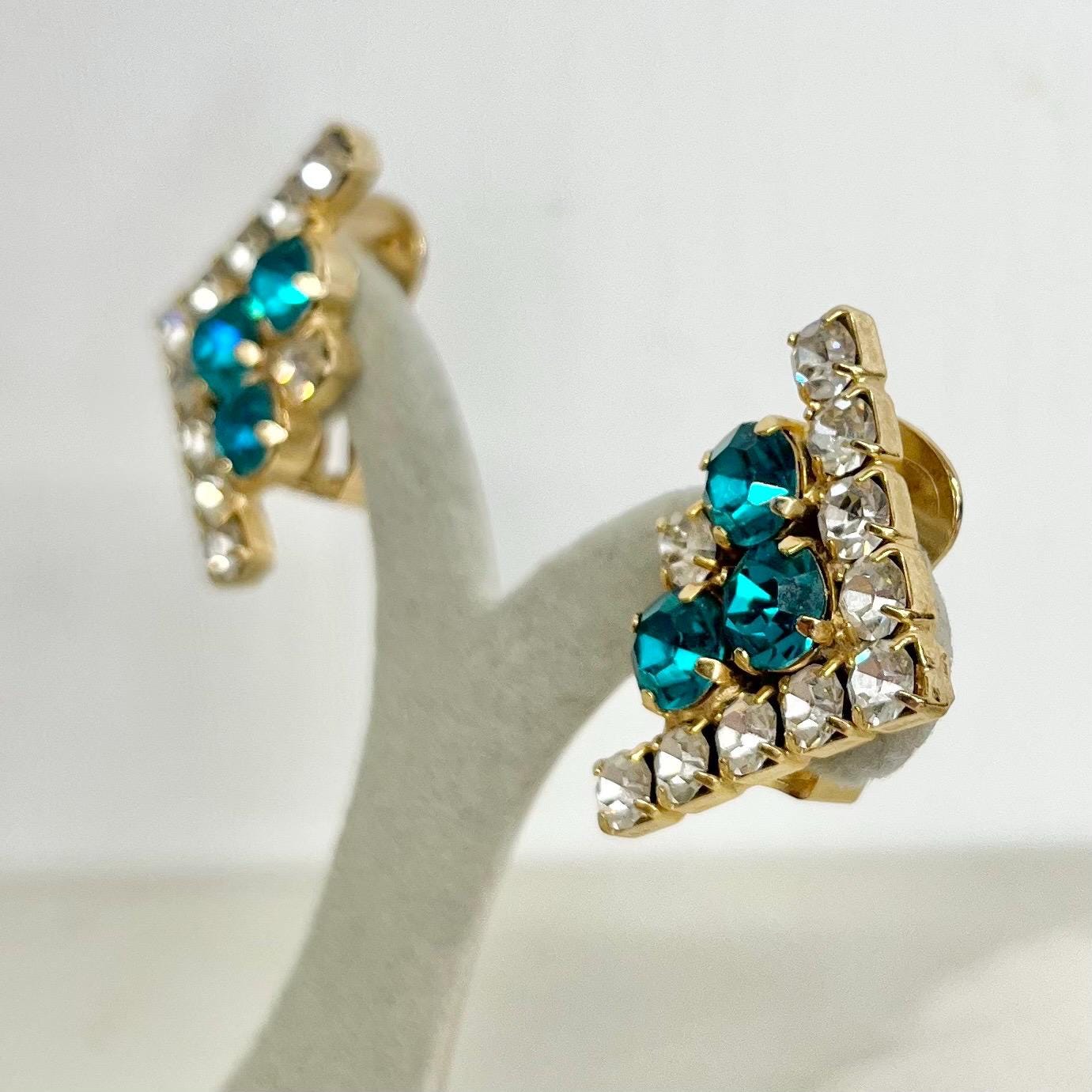 Turquoise Rhinestone Crystal Triangle Clip On Earrings : Vintage Glamour with Clear Crystal Accents MillyOliverVintage