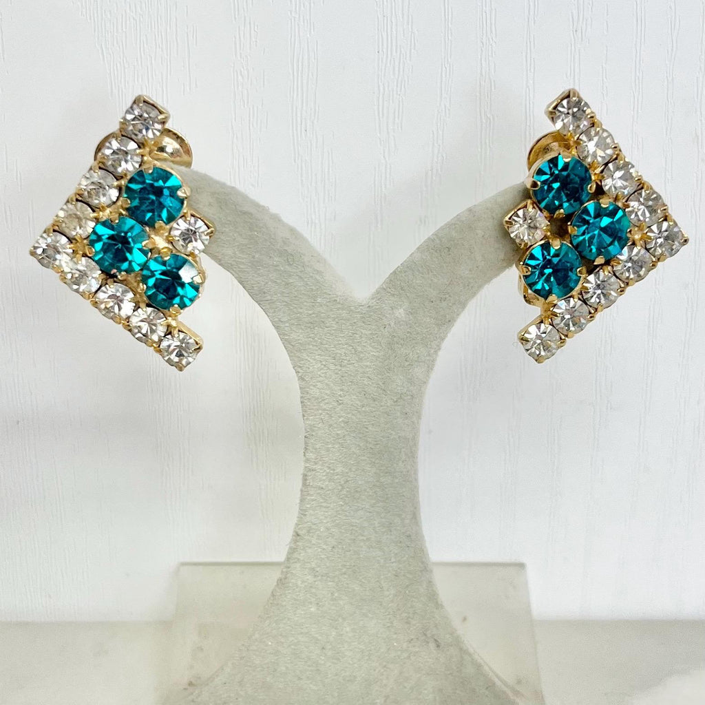 Turquoise Rhinestone Crystal Triangle Clip On Earrings : Vintage Glamour with Clear Crystal Accents MillyOliverVintage