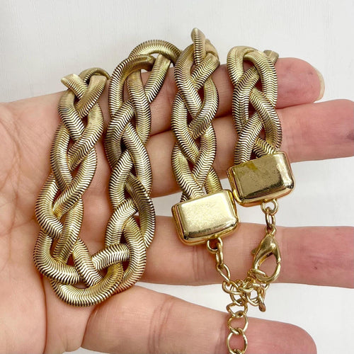 17” Gold Tone Chain :Three Strand Herringbone Flat Plait Chain Necklace 1970’s - 1980’s MillyOliverVintage