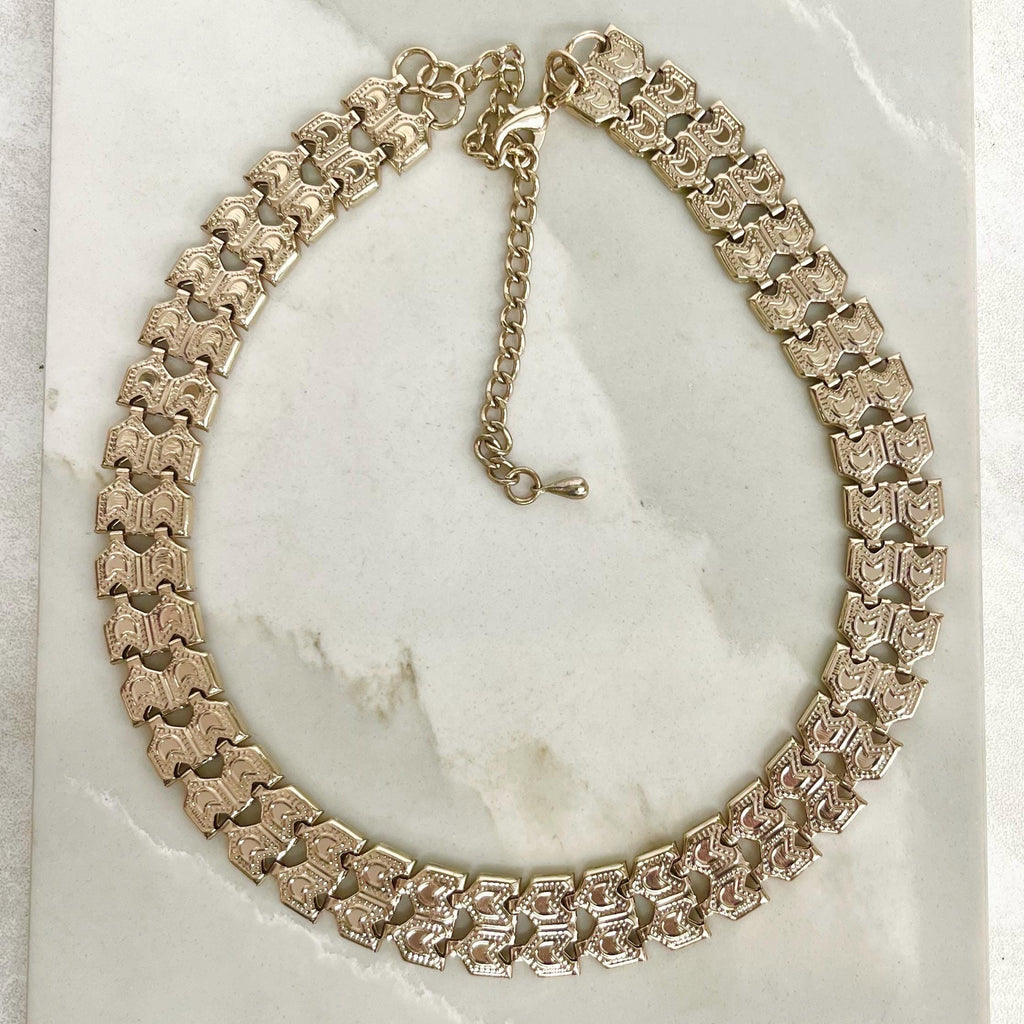 Grecian Style Chain Collar Necklace : Vintage 1970’s - 1980’s Unusual Gold Tone Flat Links MillyOliverVintage