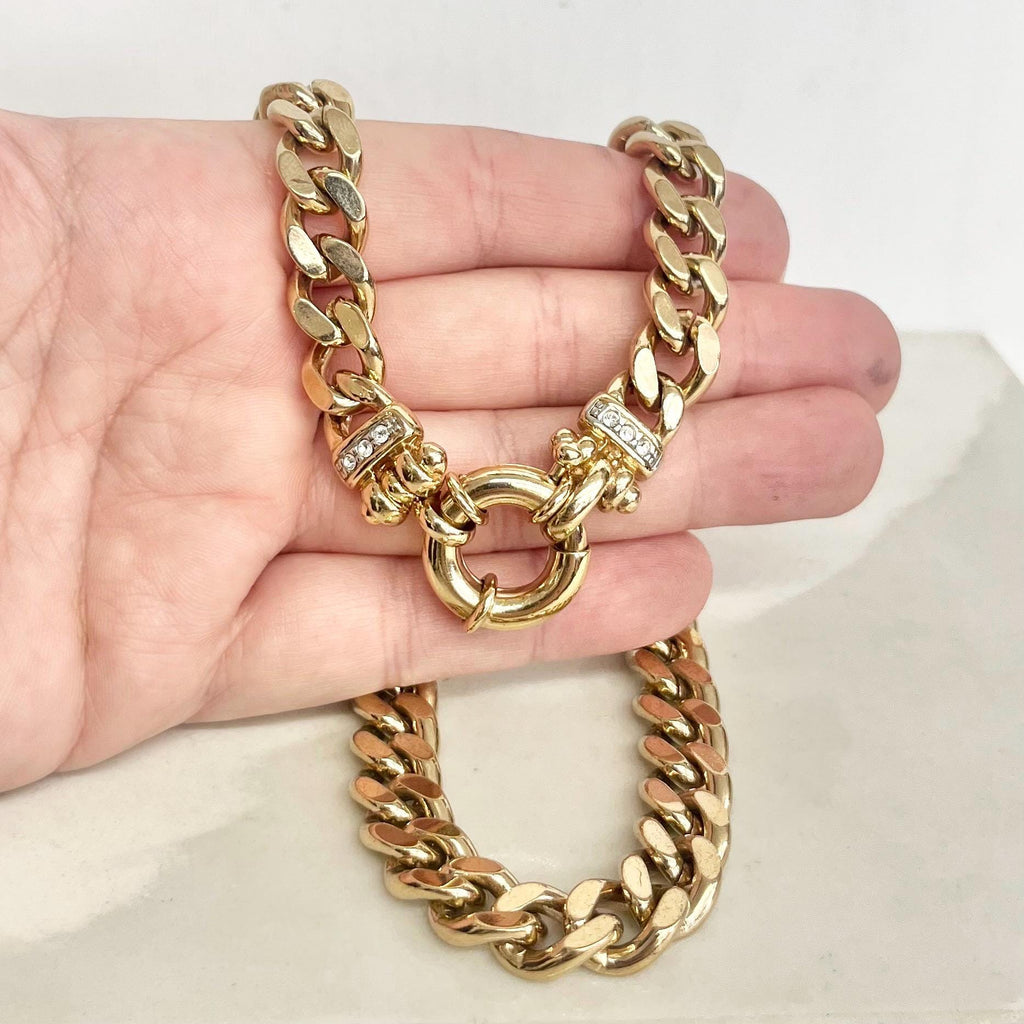Heavy Gold Plate Flat Curb Link Collar Necklace with a Diamante Accents 19” Men’s or Women’s MillyOliverVintage