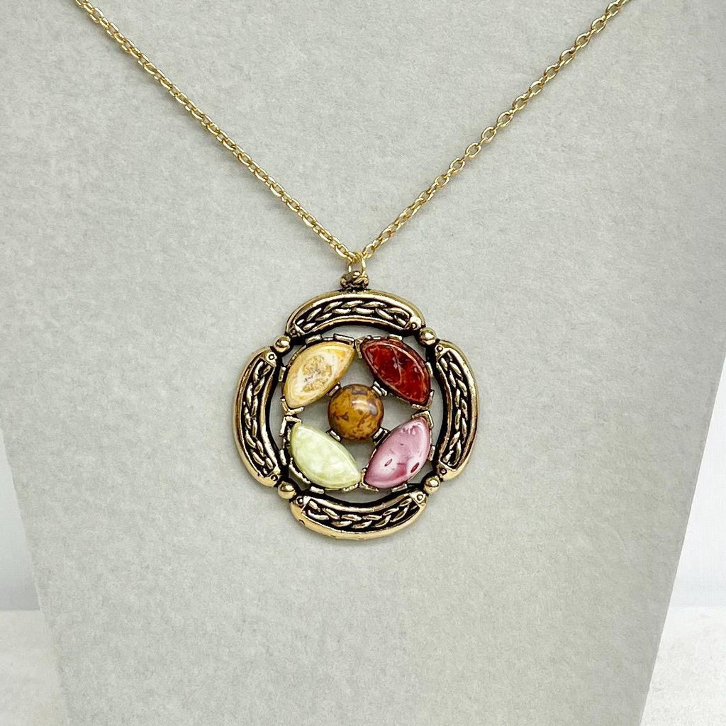 Celtic Pendant - Vintage 1970‘s Gold Tone Necklace with Glass Cabochons and a 24” Curb Chain Brown Centre MillyOliverVintage