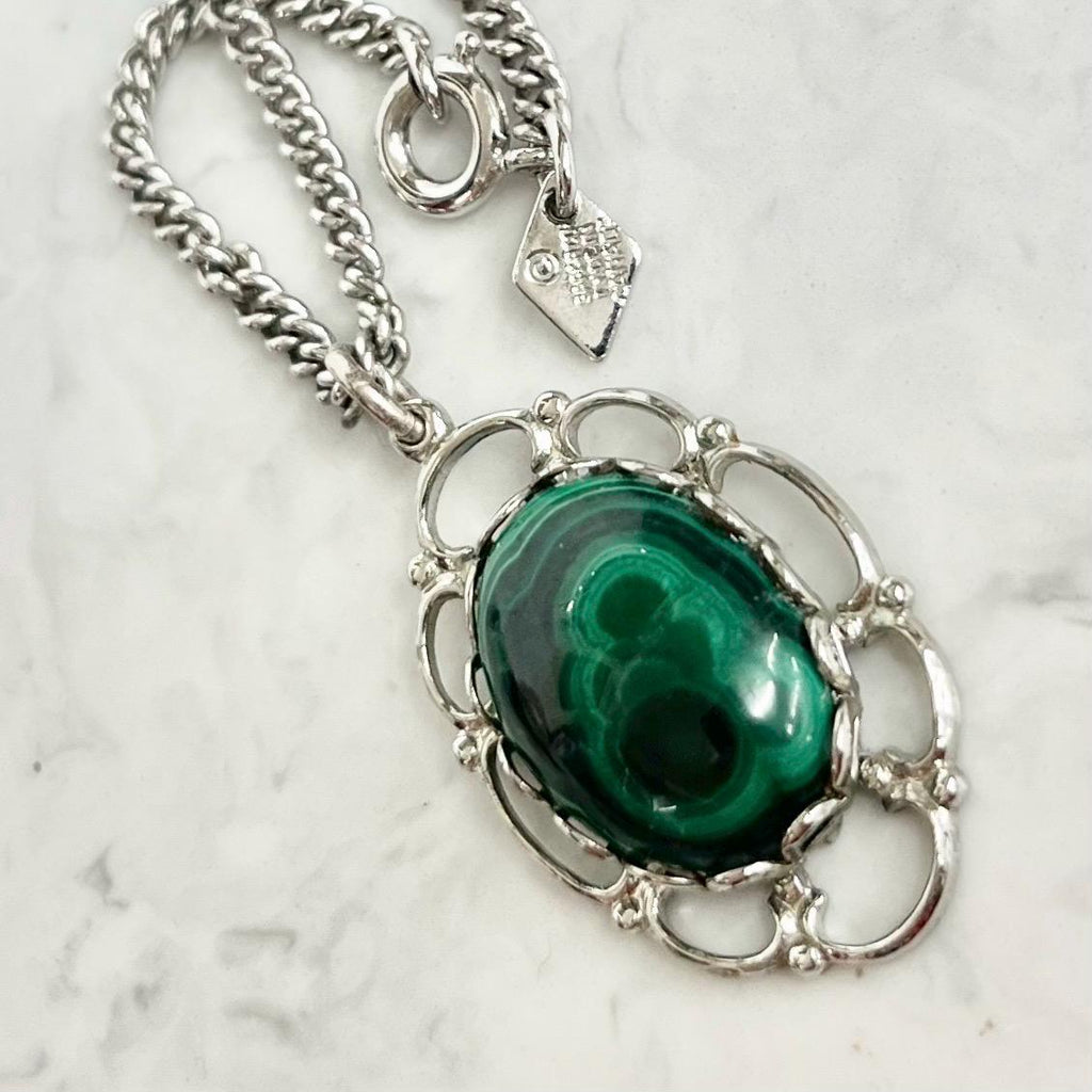 Sarah Coventry Malachite Pendant Necklace - Vintage 1970‘s Silver Tone on a 24” Chain MillyOliverVintage