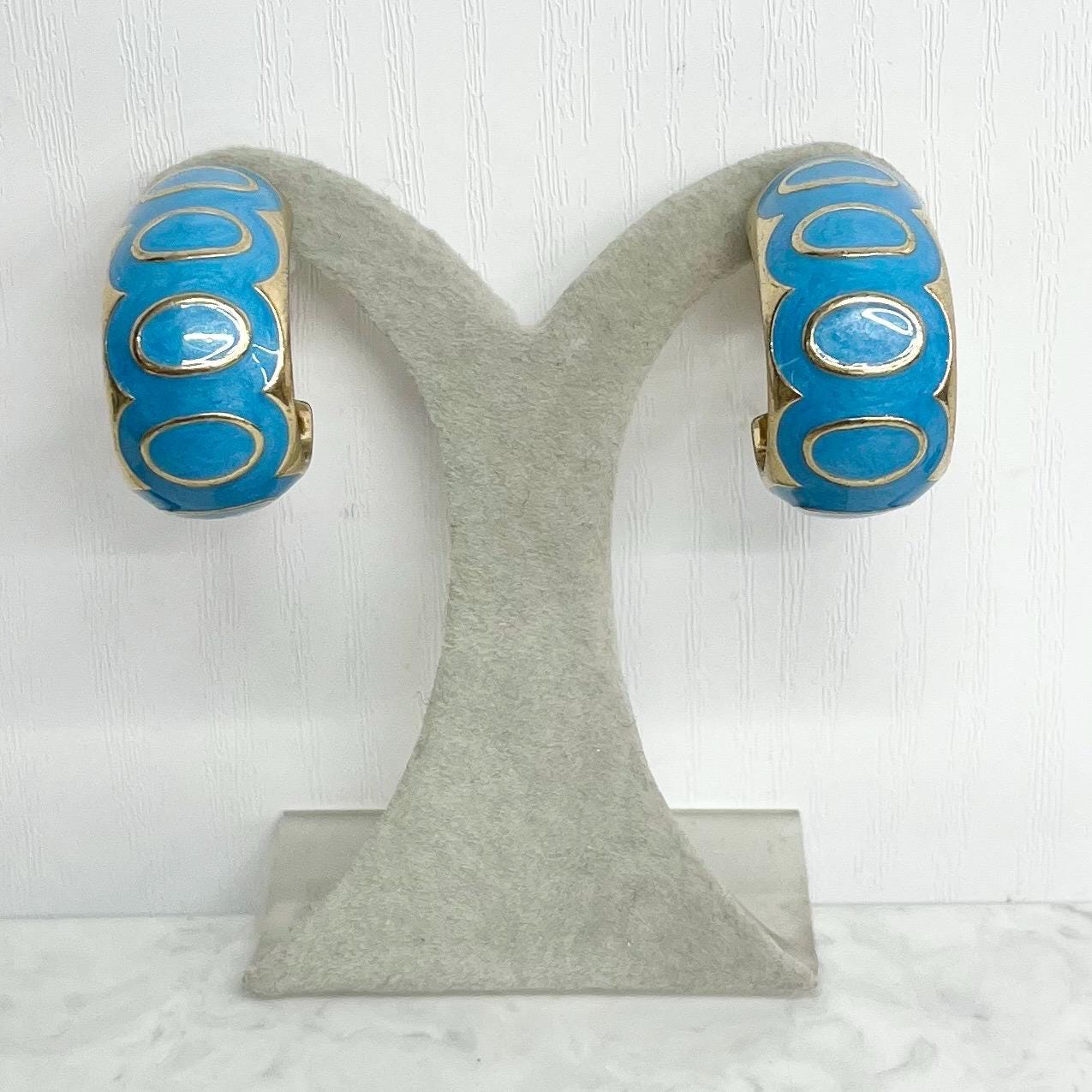 Blue Enamel Clip On Half Hoop Earrings Gold Plated - Vintage Oversized MillyOliverVintage