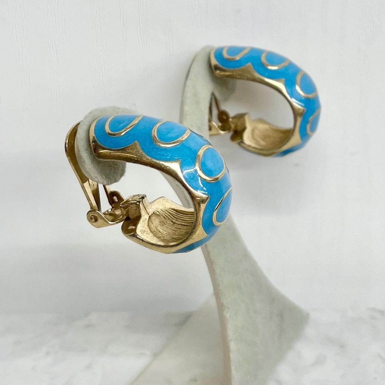 Blue Enamel Clip On Half Hoop Earrings Gold Plated - Vintage Oversized MillyOliverVintage