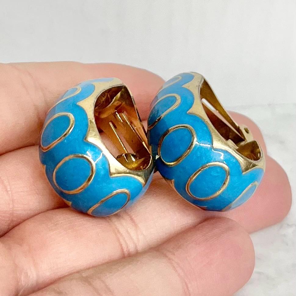 Blue Enamel Clip On Half Hoop Earrings Gold Plated - Vintage Oversized MillyOliverVintage