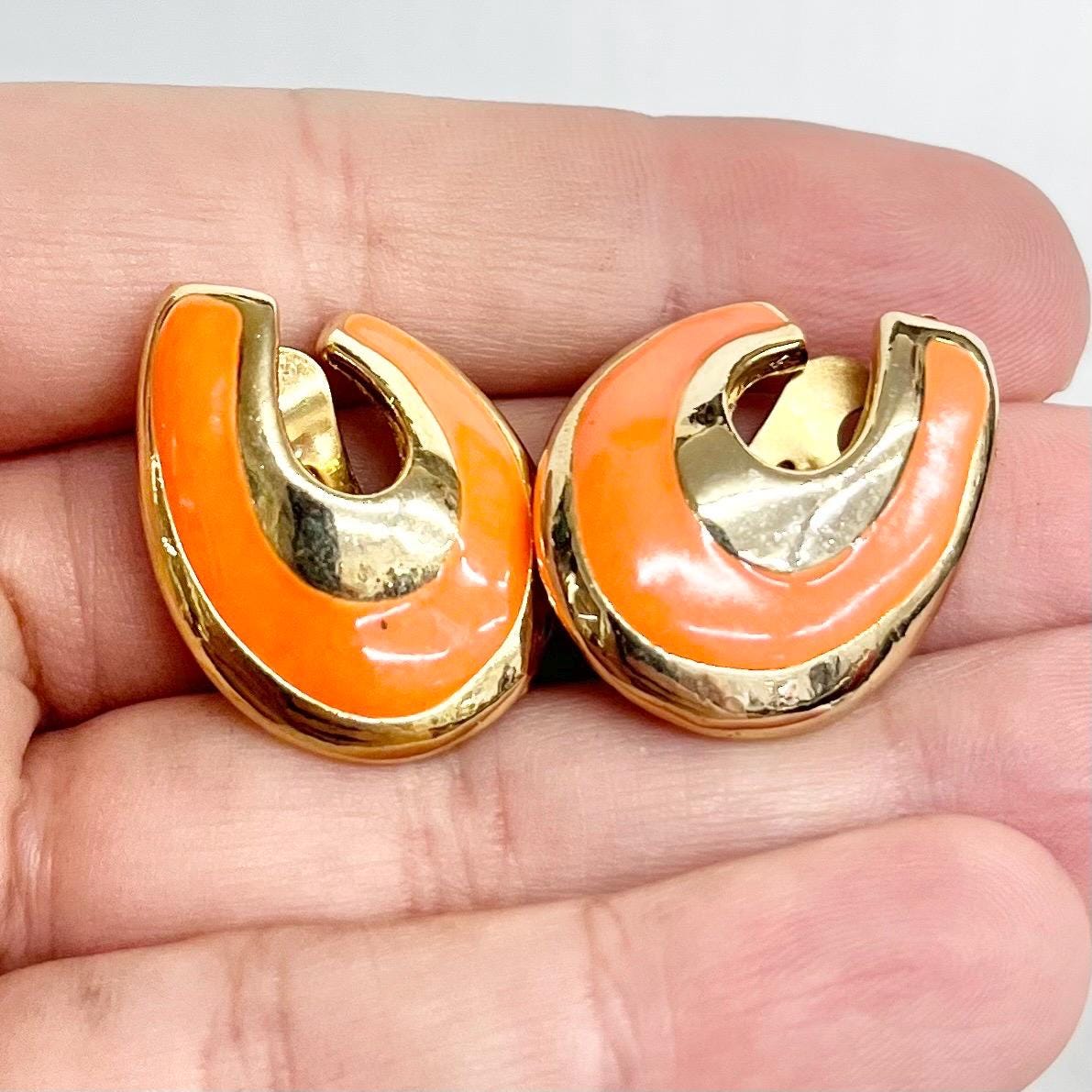Orange Enamel Clip On Earrings Gold Plated - Vintage 1980’s MillyOliverVintage