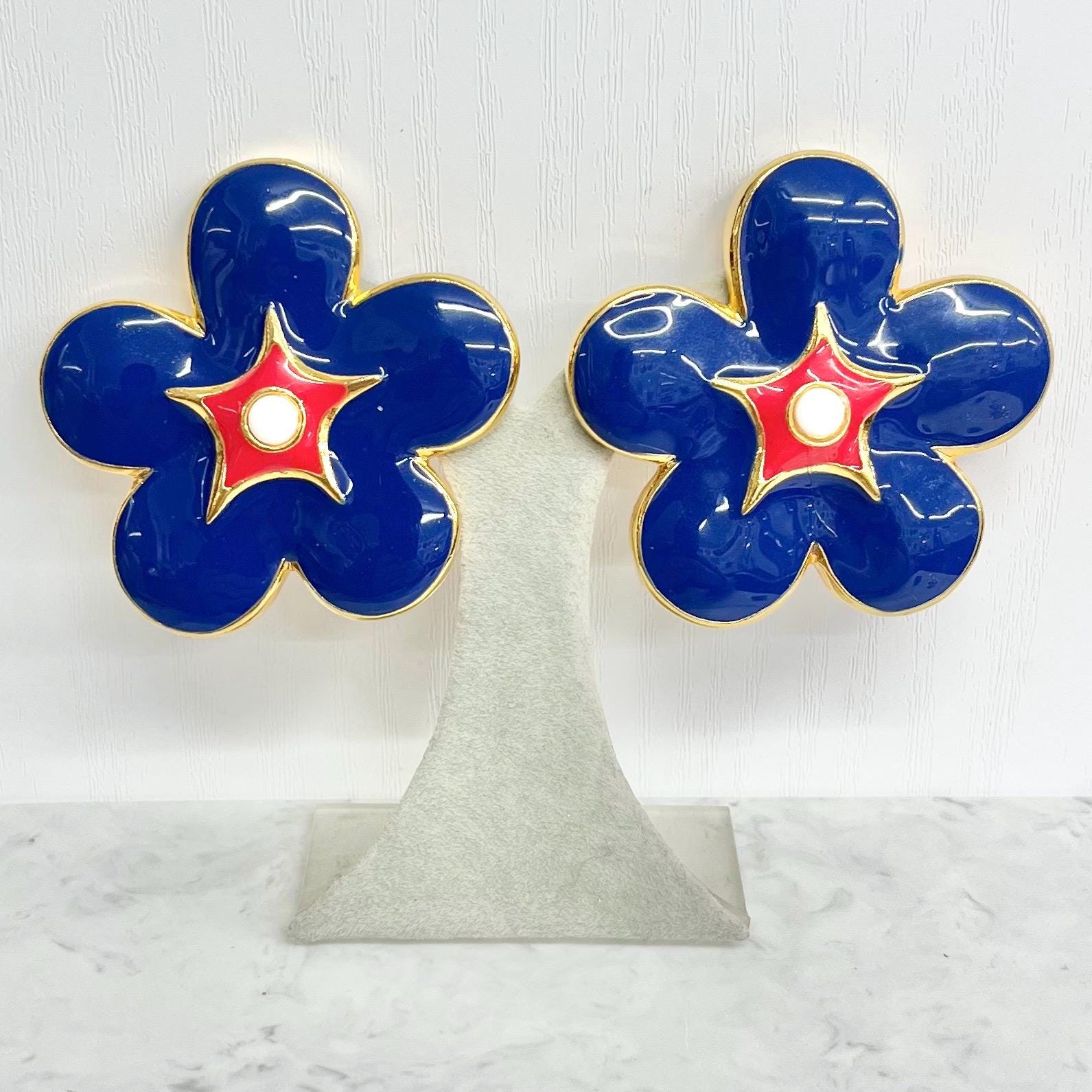 Vintage Escada Navy Blue Enamel Clip On Earrings Gold Plated - 1980’s Huge Oversized Flower Earrings MillyOliverVintage