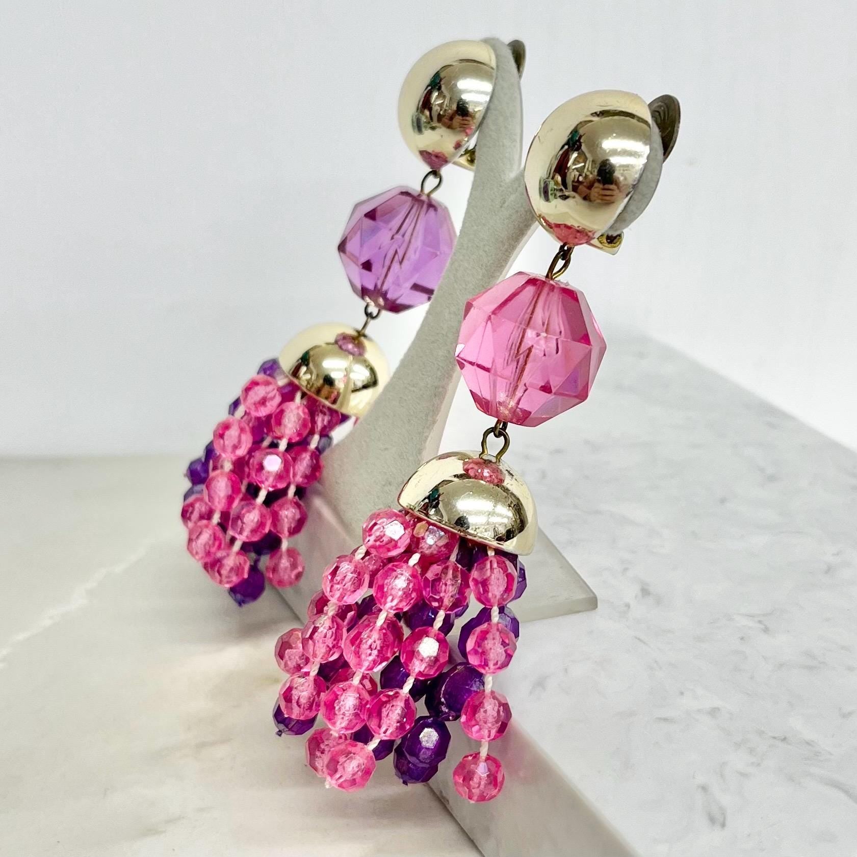 Fantastic Plastic Clip On Earrings - Vintage Pink Purple & Gold Coloured Tassle Drops 1980’s - 1990’s Statement Jewellery MillyOliverVintage